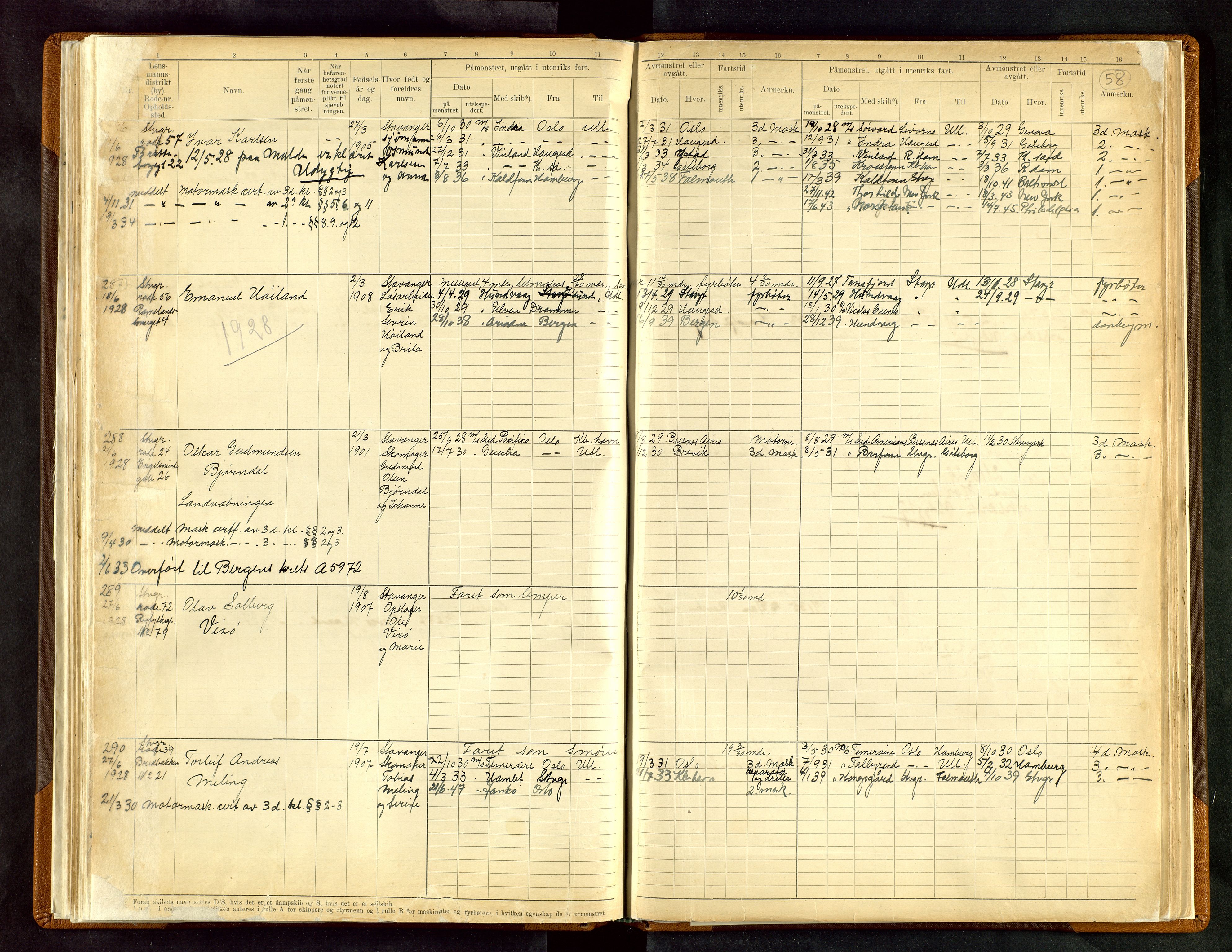 Stavanger sjømannskontor, AV/SAST-A-102006/F/Fe/L0003: Maskinist- og fyrbøterrulle, patentnr. 1-459, 1921-1948, p. 62