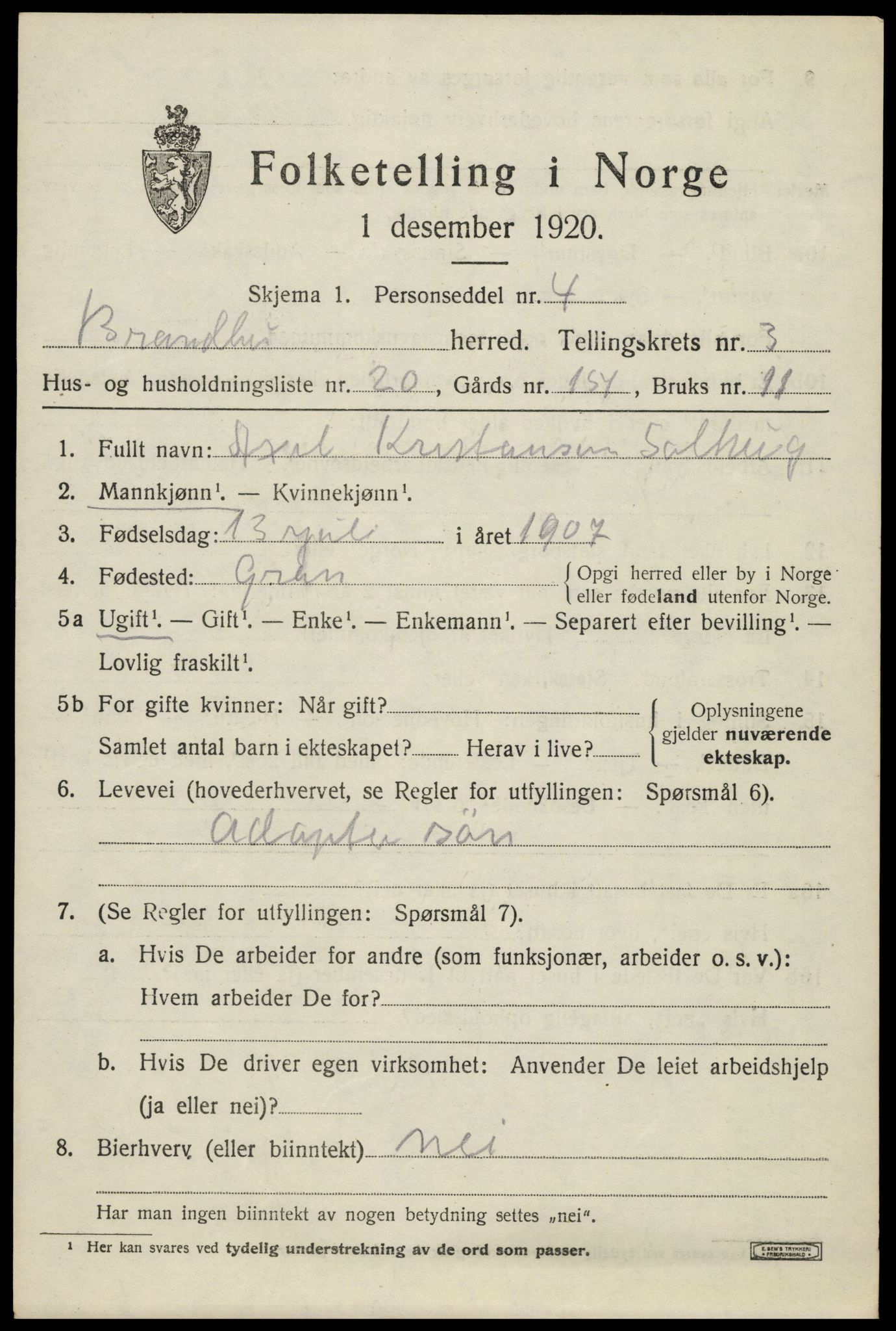 SAH, 1920 census for Brandbu, 1920, p. 8235