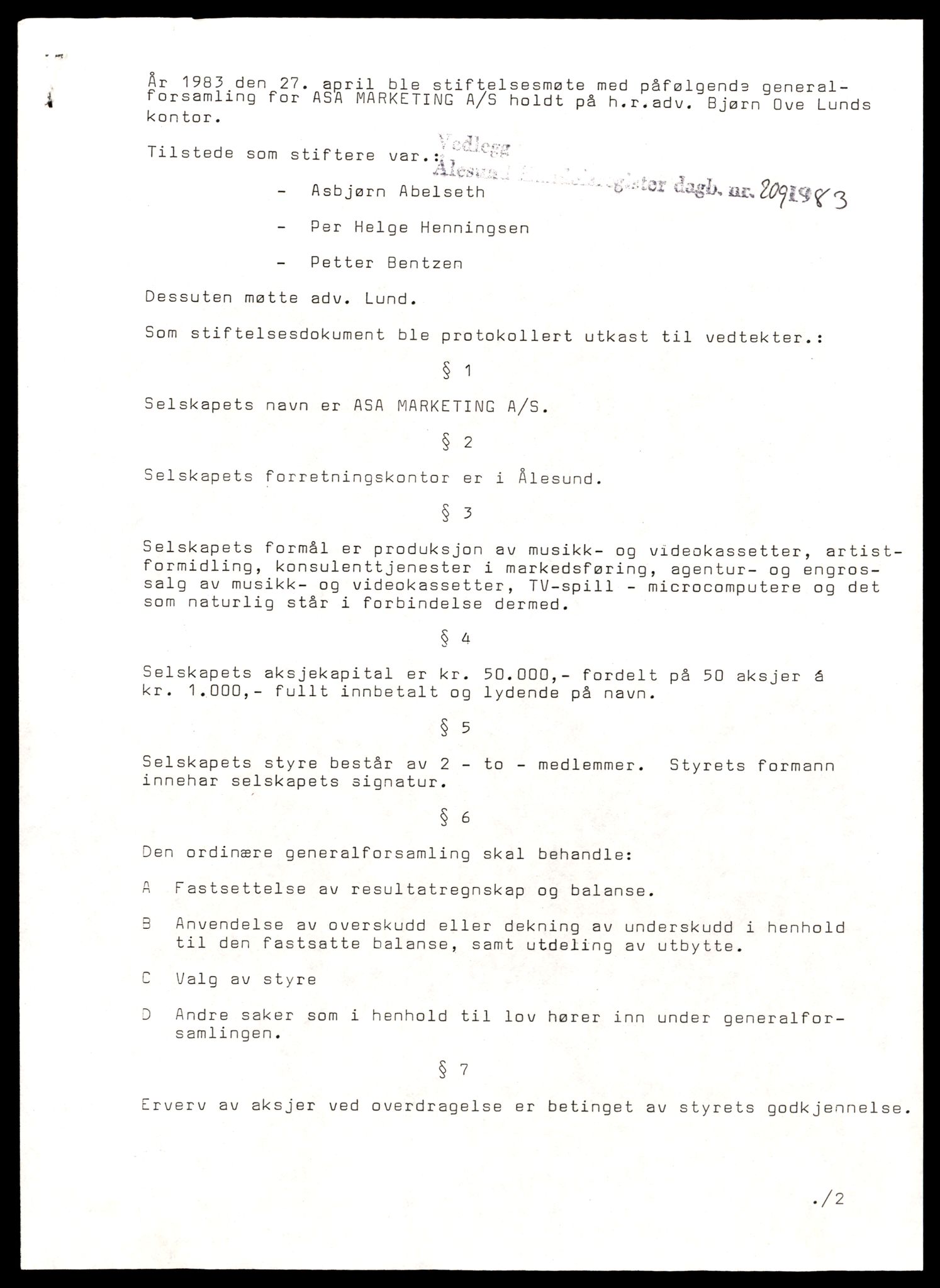 Ålesund sorenskriveri, AV/SAT-A-4383/2/J/Jd/Jde/L0020: Bilag. Aksjeselskap og andelslag As - Bel, 1938-1992, p. 5