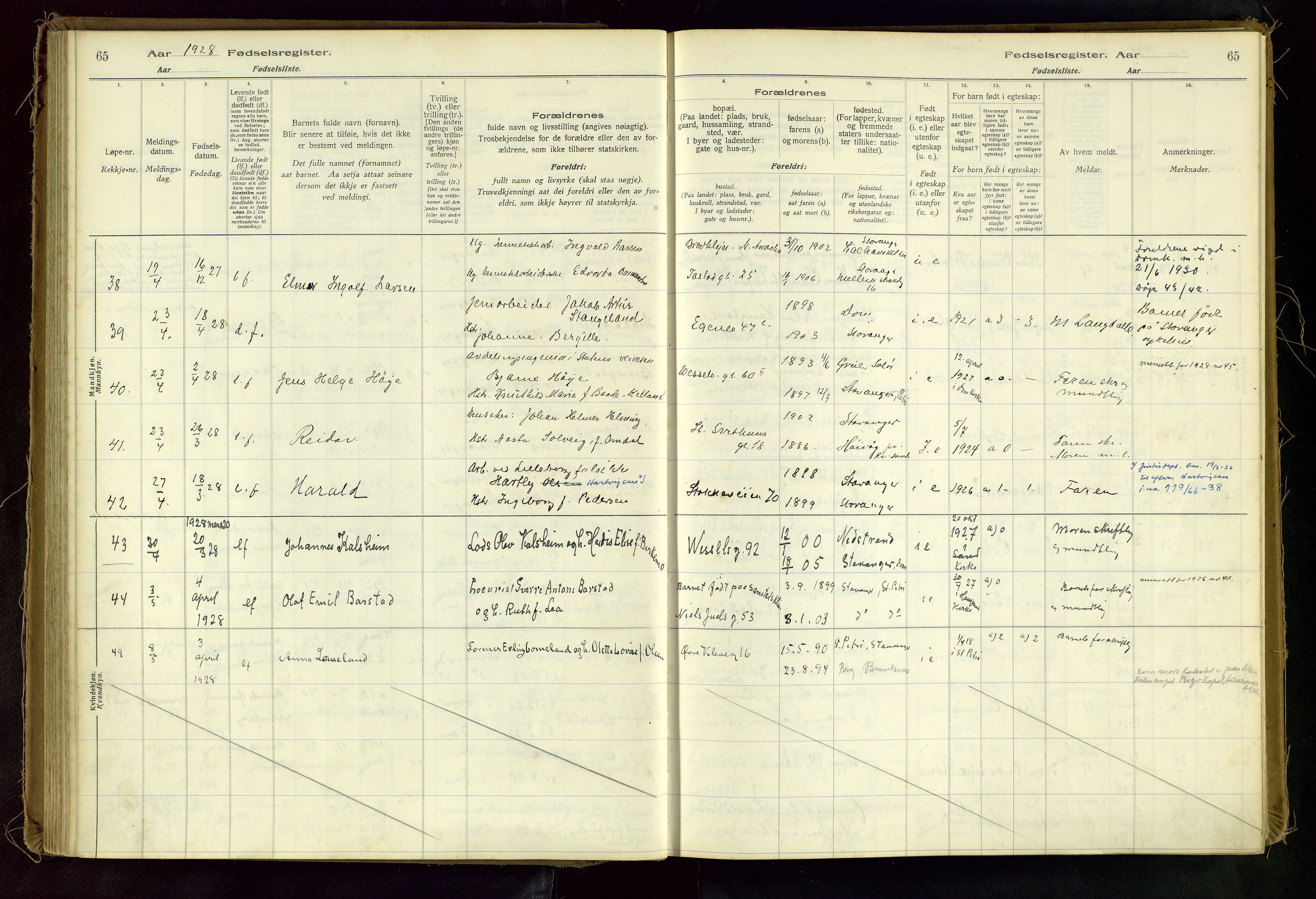 Domkirken sokneprestkontor, AV/SAST-A-101812/002/A/L0001: Birth register no. 1, 1925-1932, p. 65