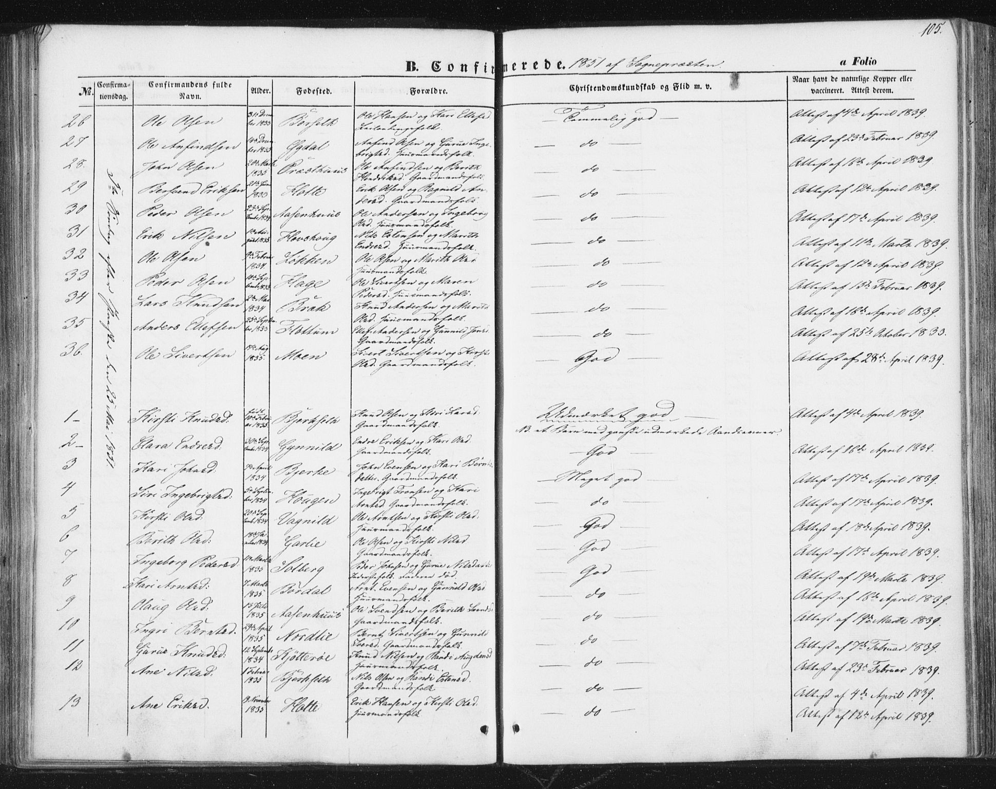 Ministerialprotokoller, klokkerbøker og fødselsregistre - Sør-Trøndelag, AV/SAT-A-1456/689/L1038: Parish register (official) no. 689A03, 1848-1872, p. 105