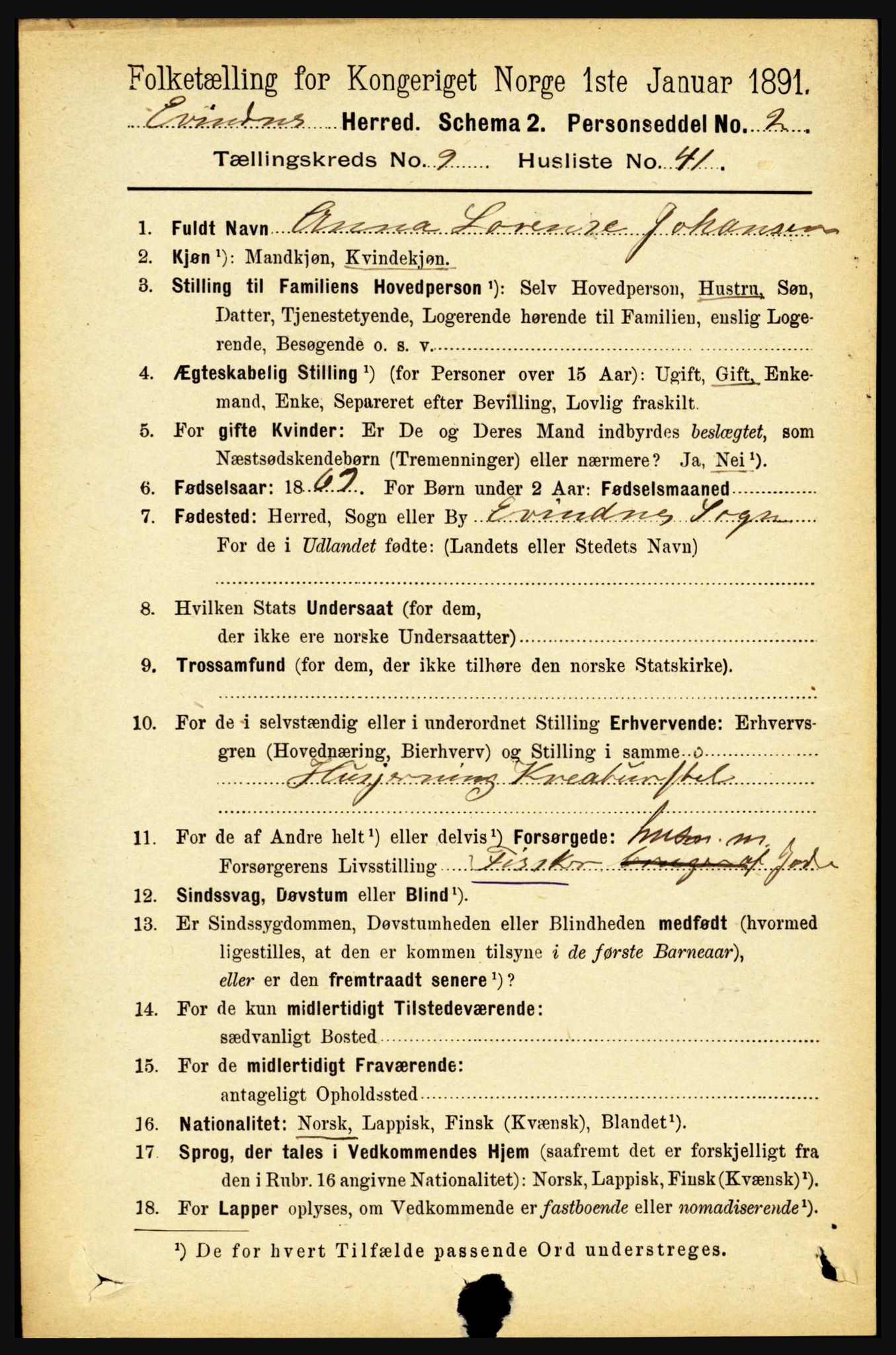 RA, 1891 census for 1853 Evenes, 1891, p. 3085