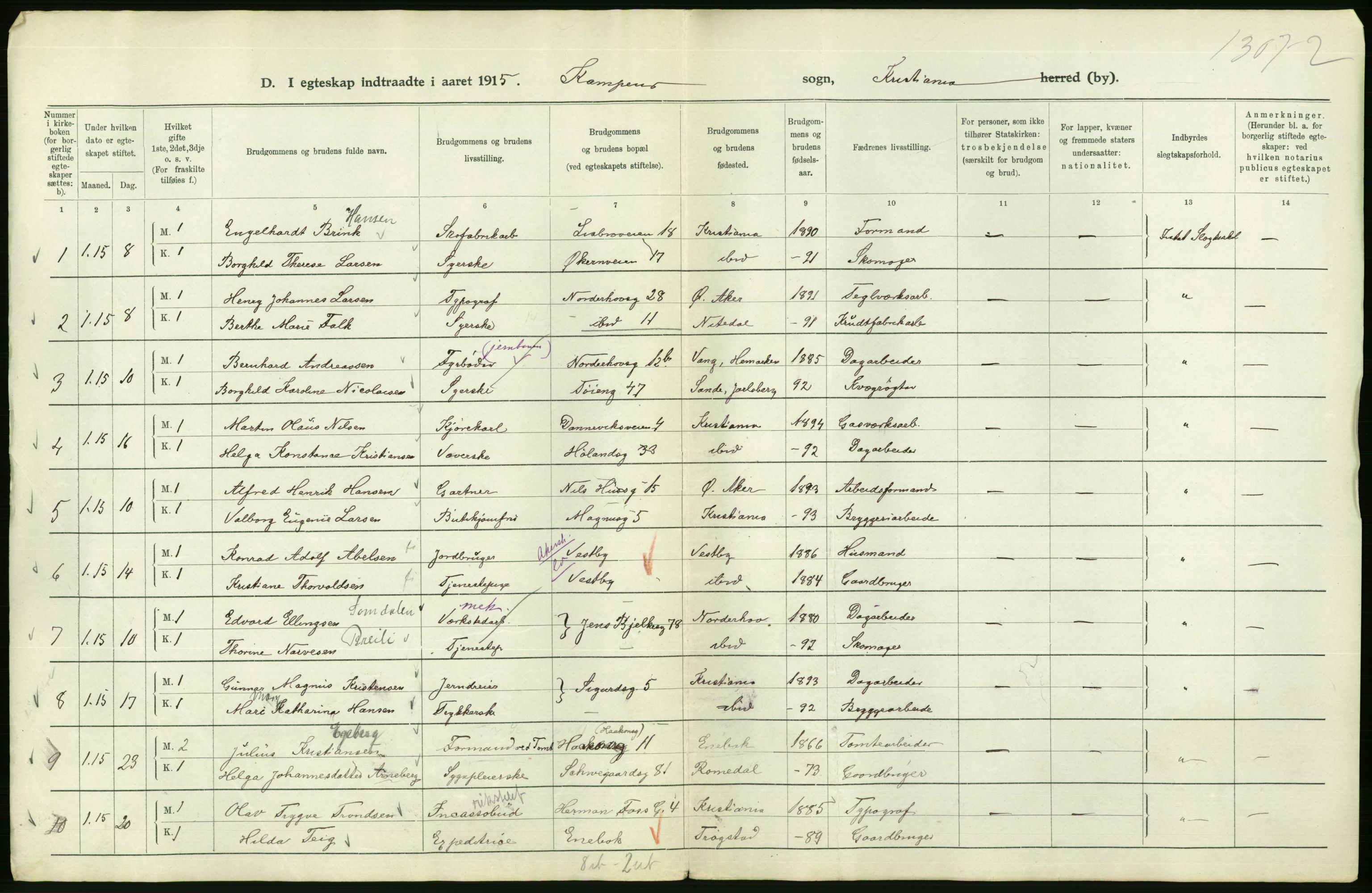 Statistisk sentralbyrå, Sosiodemografiske emner, Befolkning, AV/RA-S-2228/D/Df/Dfb/Dfbe/L0008: Kristiania: Gifte., 1915, p. 824