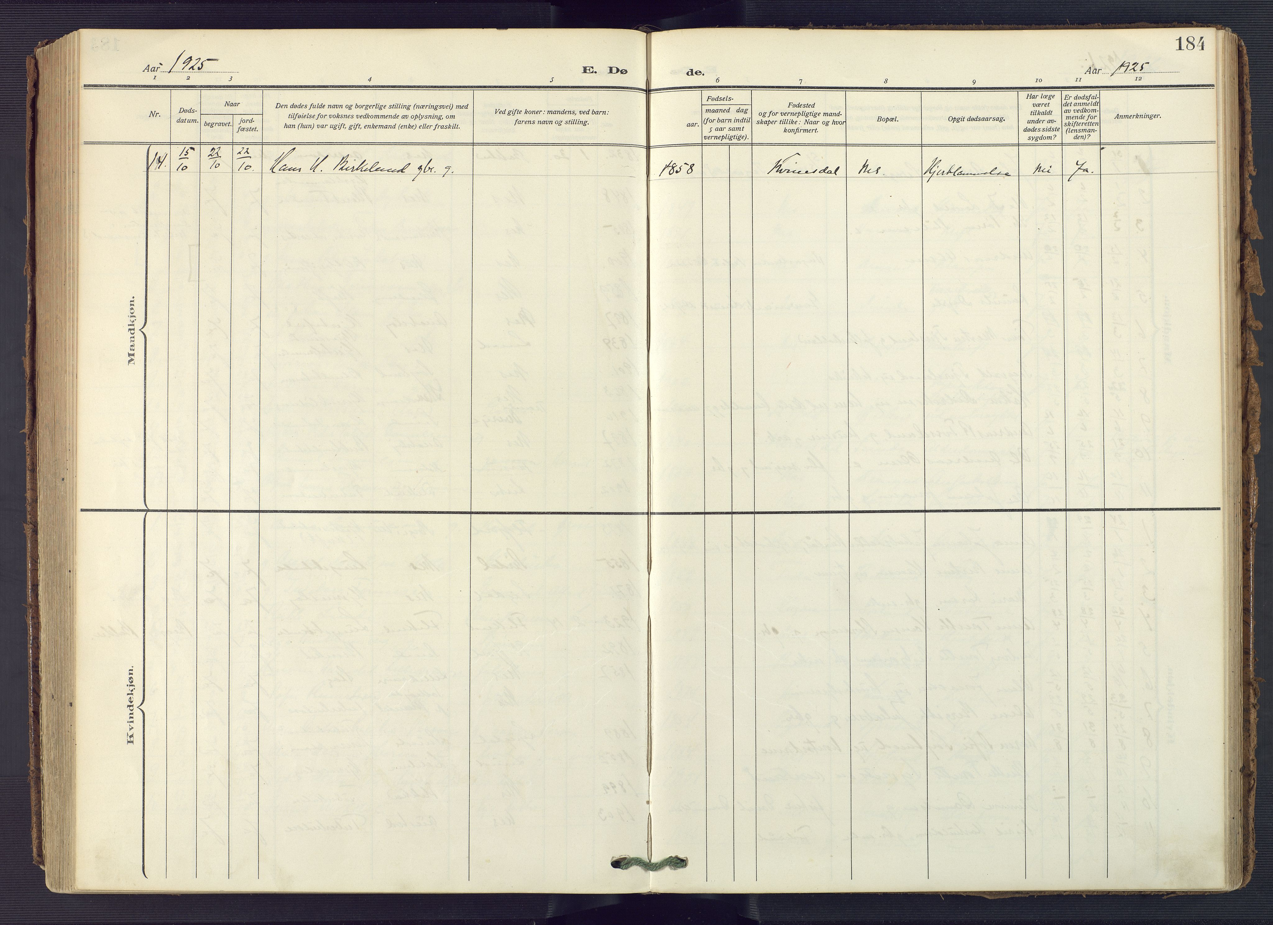 Flekkefjord sokneprestkontor, AV/SAK-1111-0012/F/Fa/Fac/L0010: Parish register (official) no. A 10, 1910-1927, p. 184