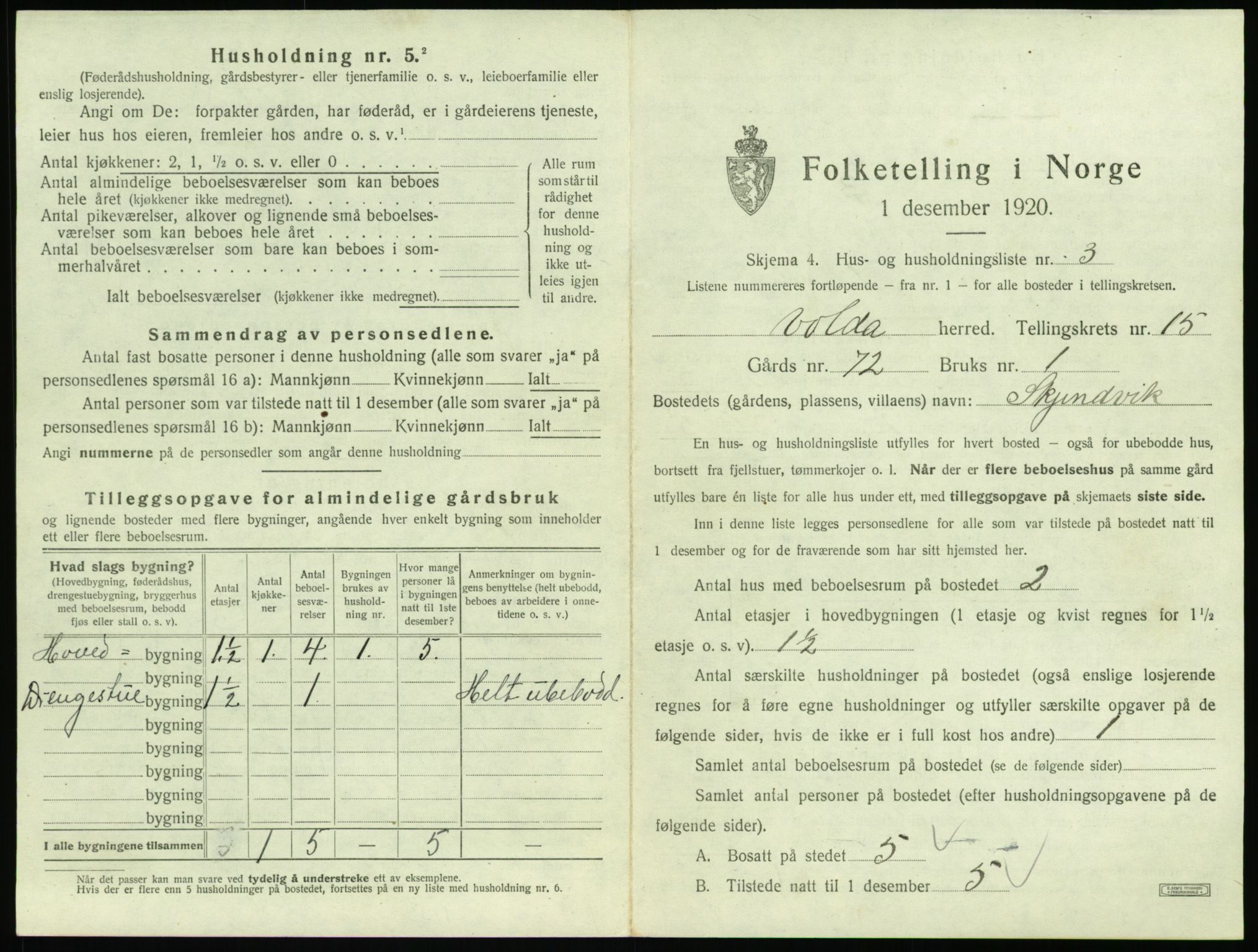 SAT, 1920 census for Volda, 1920, p. 1154