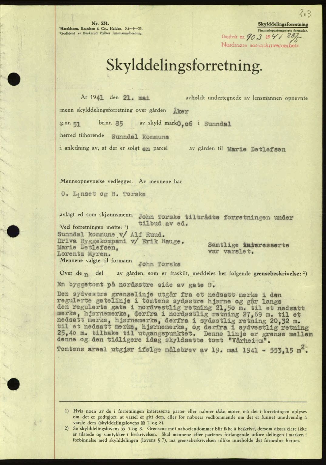 Nordmøre sorenskriveri, SAT/A-4132/1/2/2Ca: Mortgage book no. A90, 1941-1941, Diary no: : 903/1941