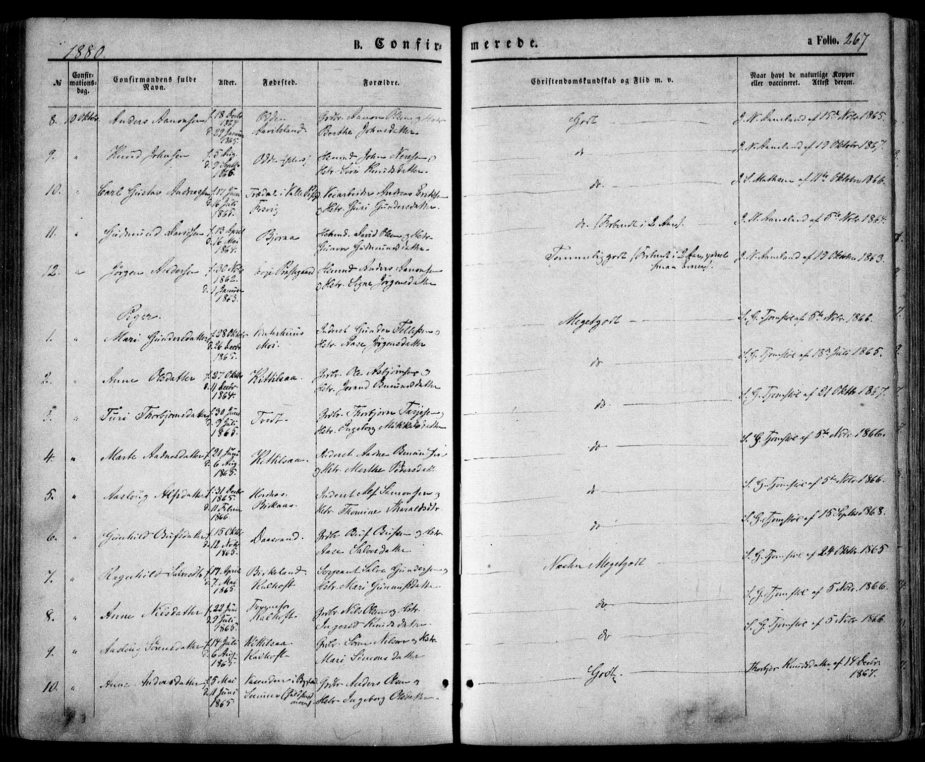 Evje sokneprestkontor, SAK/1111-0008/F/Fa/Faa/L0006: Parish register (official) no. A 6, 1866-1884, p. 267