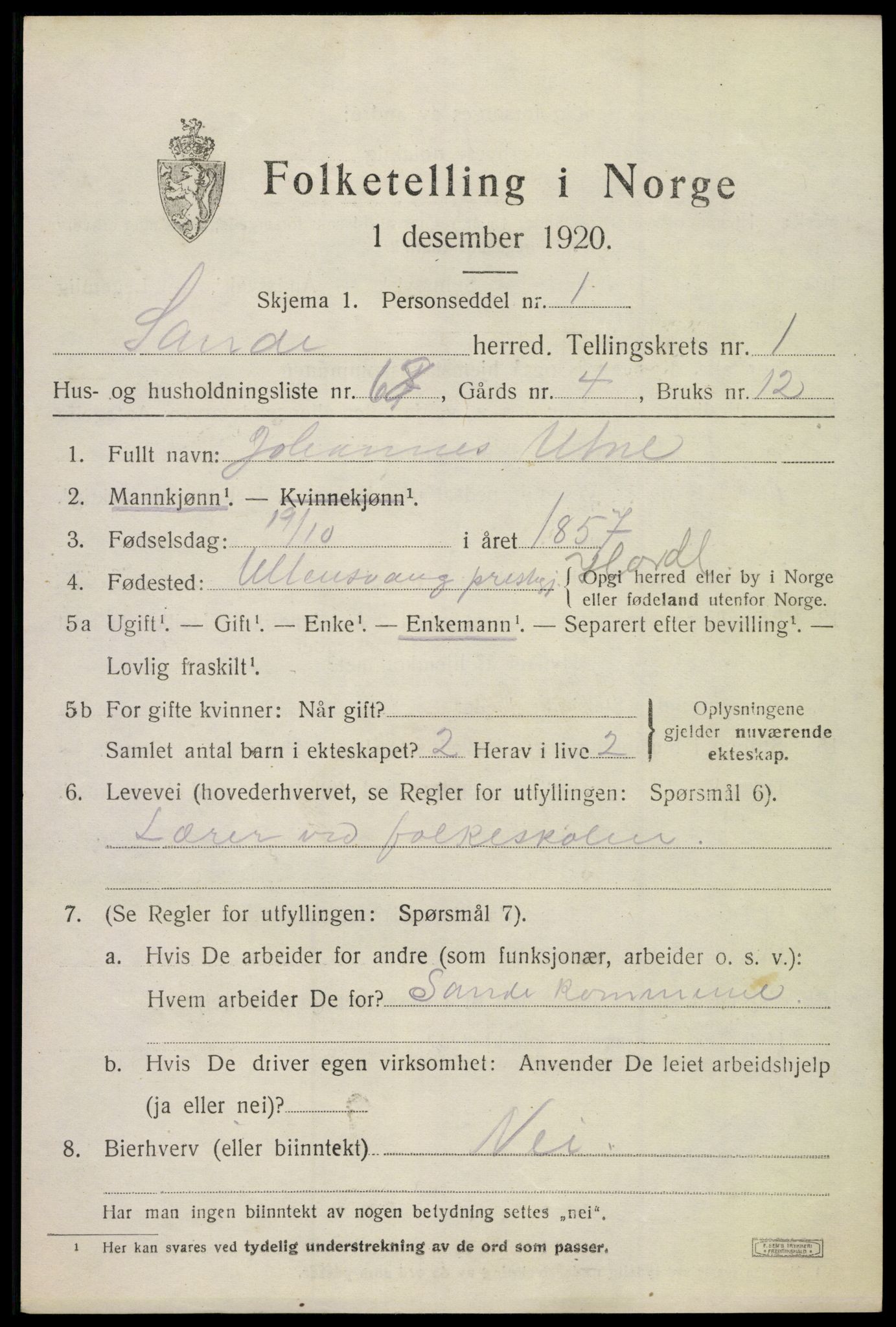 SAKO, 1920 census for Sande, 1920, p. 1972