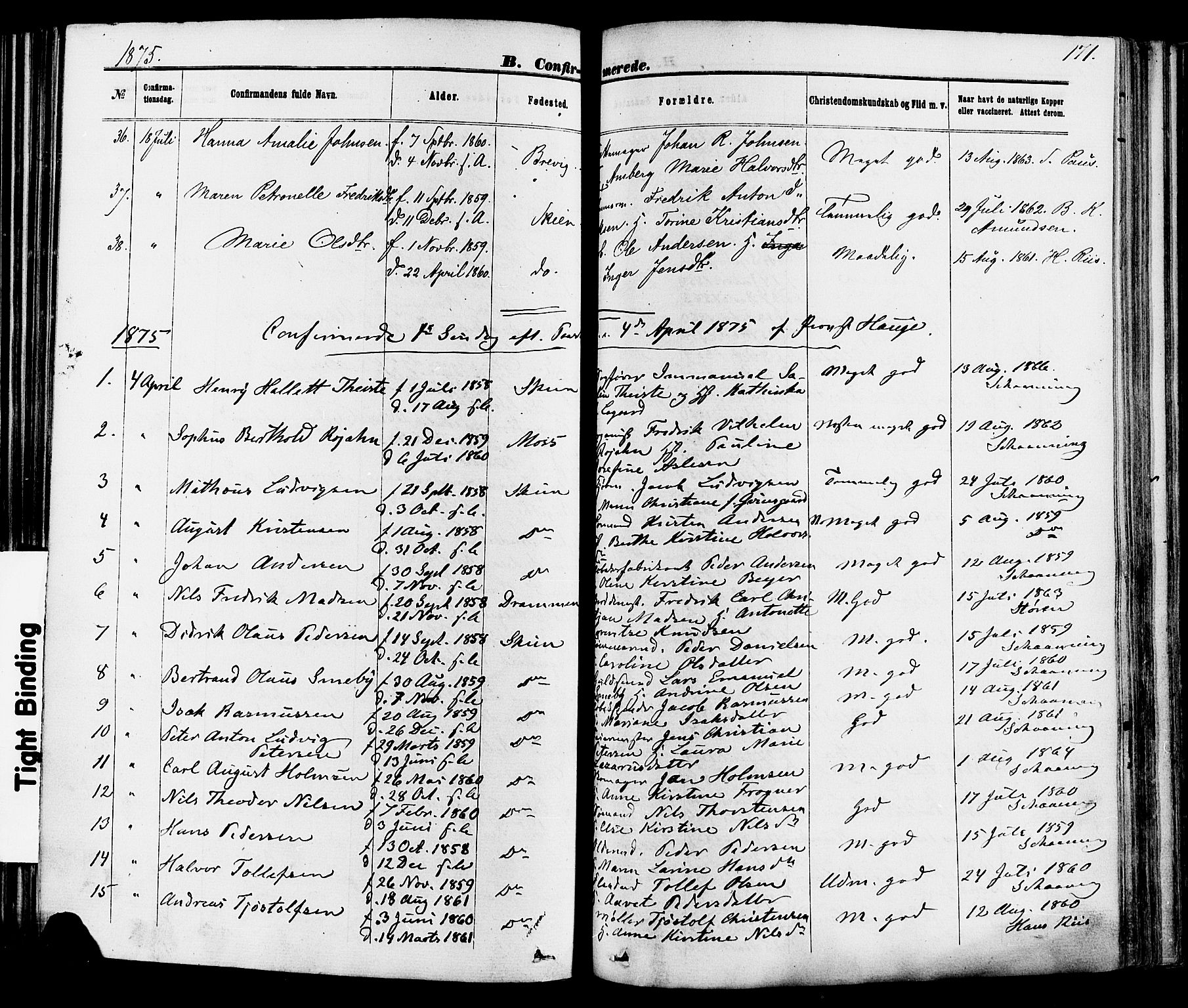 Skien kirkebøker, AV/SAKO-A-302/F/Fa/L0008: Parish register (official) no. 8, 1866-1877, p. 171