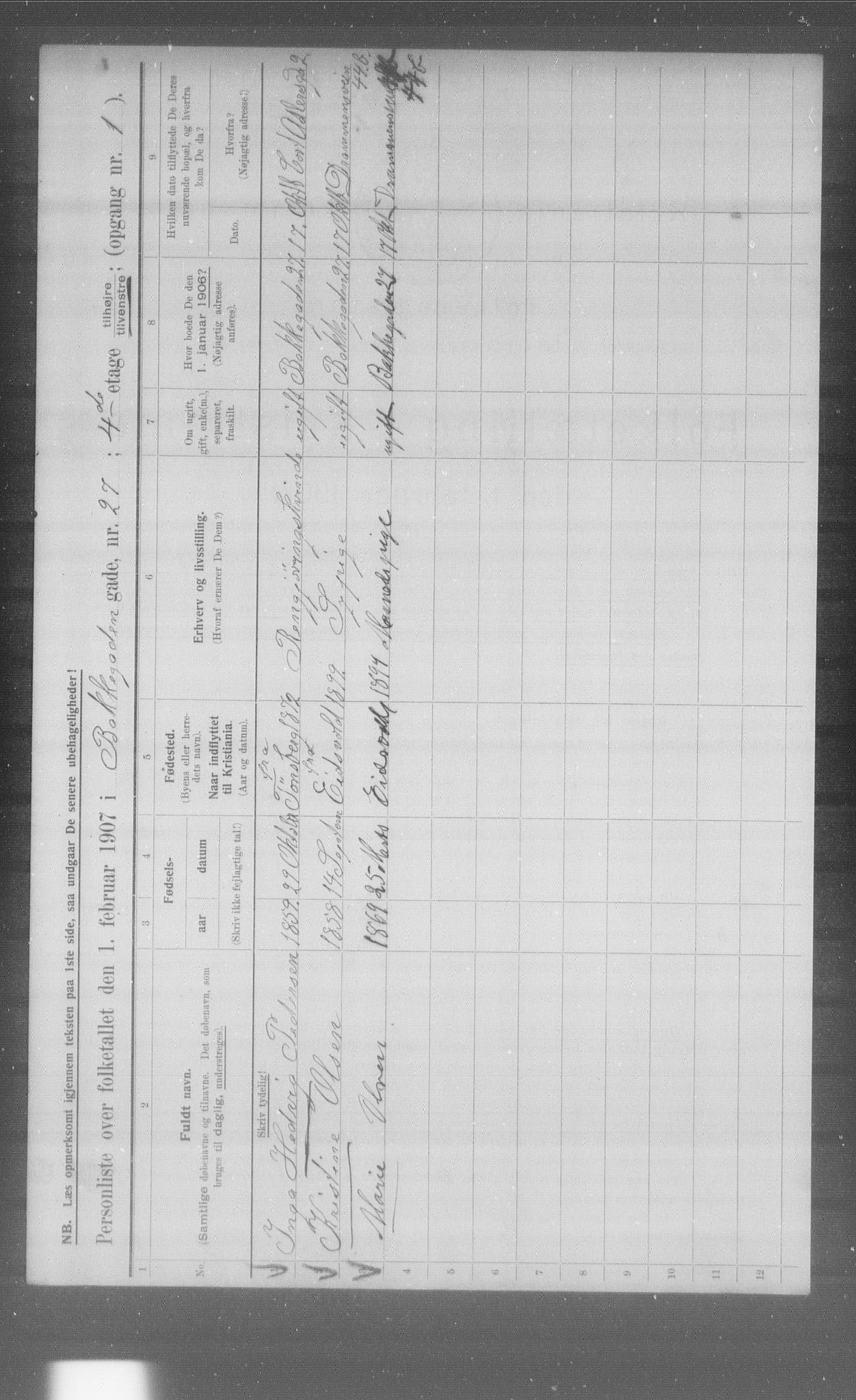 OBA, Municipal Census 1907 for Kristiania, 1907, p. 1627