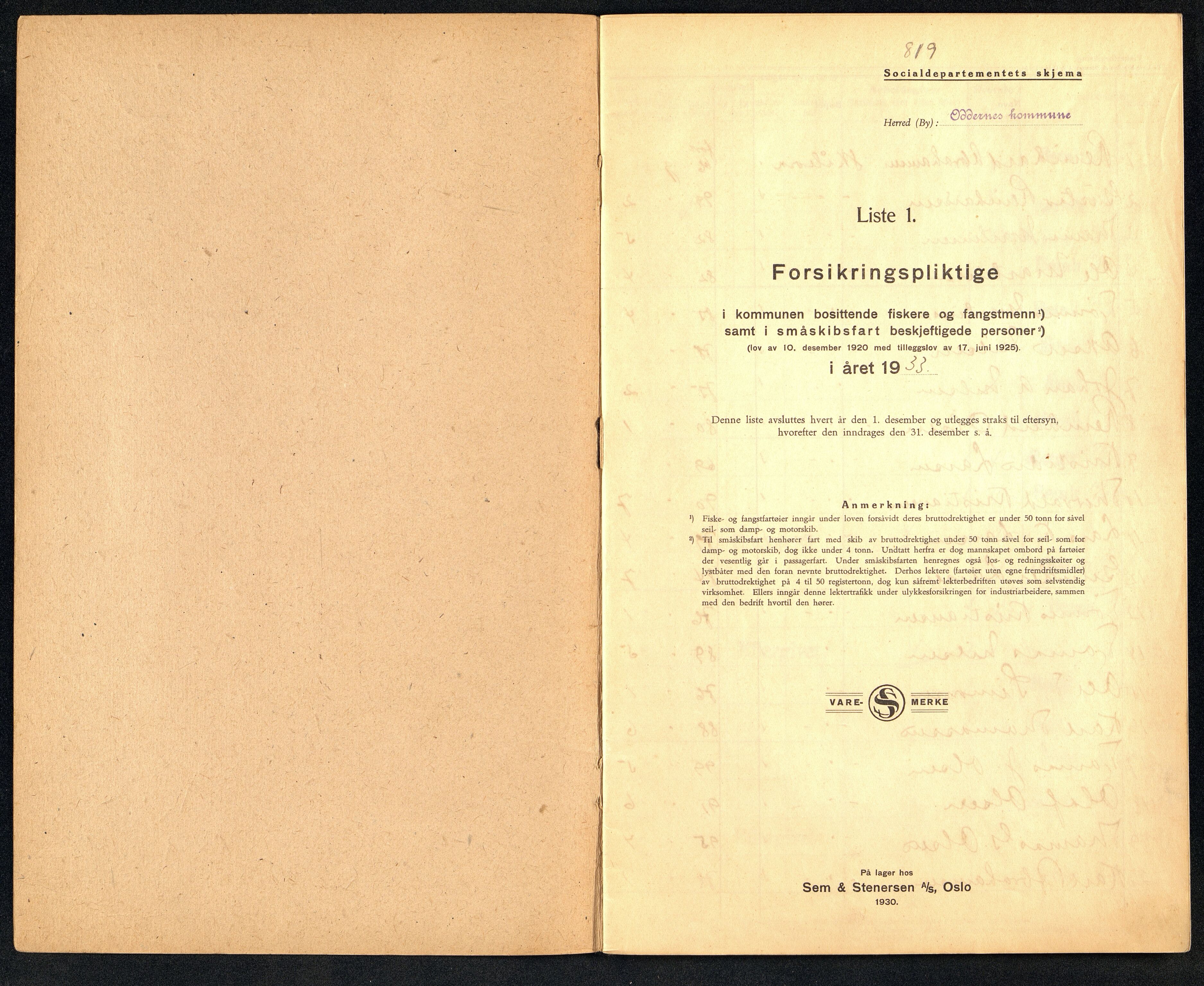 Oddernes kommune - Fiskermanntallnemnda, ARKSOR/1001OD622/F/L0001/0007: Manntall over forsikringspliktige fiskere og fangstmenn / Manntall over forsikringspliktige fiskere og fangstmenn, 1933