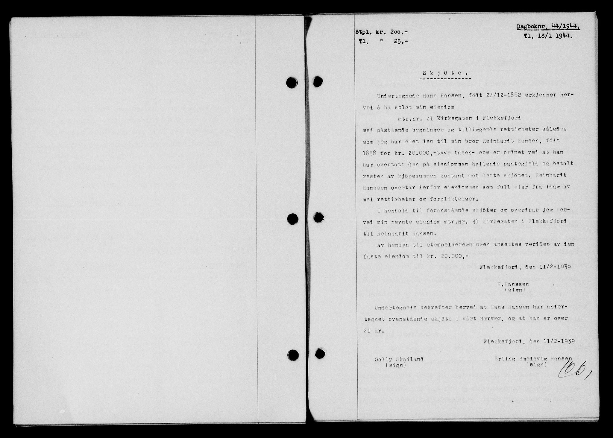 Flekkefjord sorenskriveri, SAK/1221-0001/G/Gb/Gba/L0058: Mortgage book no. A-6, 1942-1944, Diary no: : 44/1944