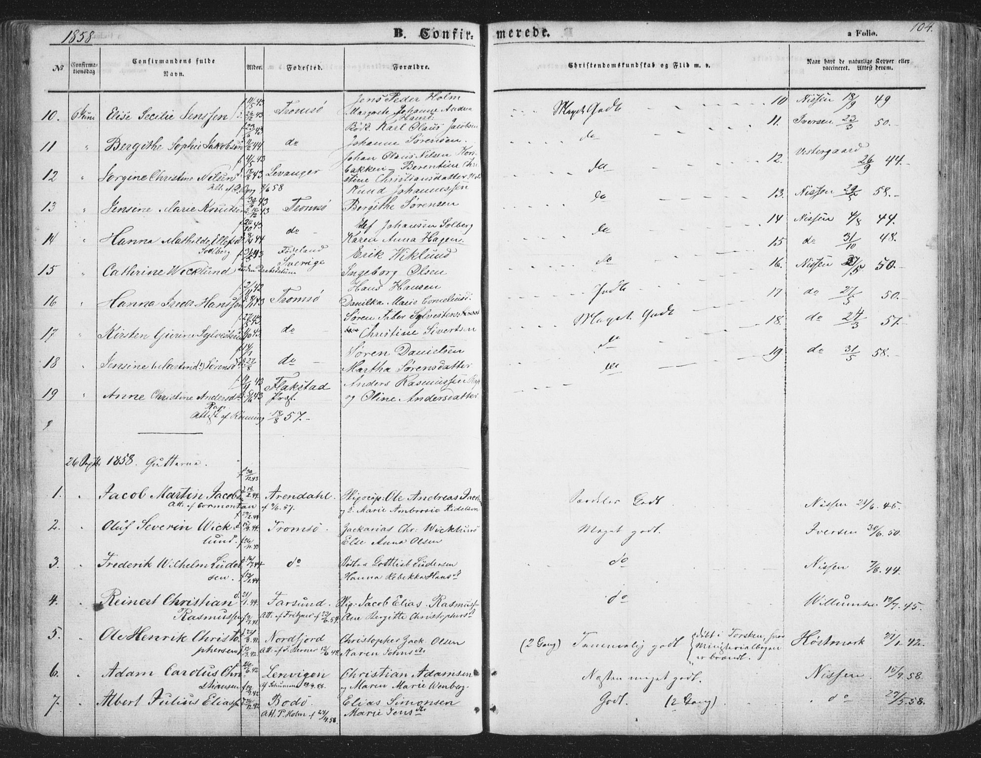 Tromsø sokneprestkontor/stiftsprosti/domprosti, AV/SATØ-S-1343/G/Ga/L0011kirke: Parish register (official) no. 11, 1856-1865, p. 104