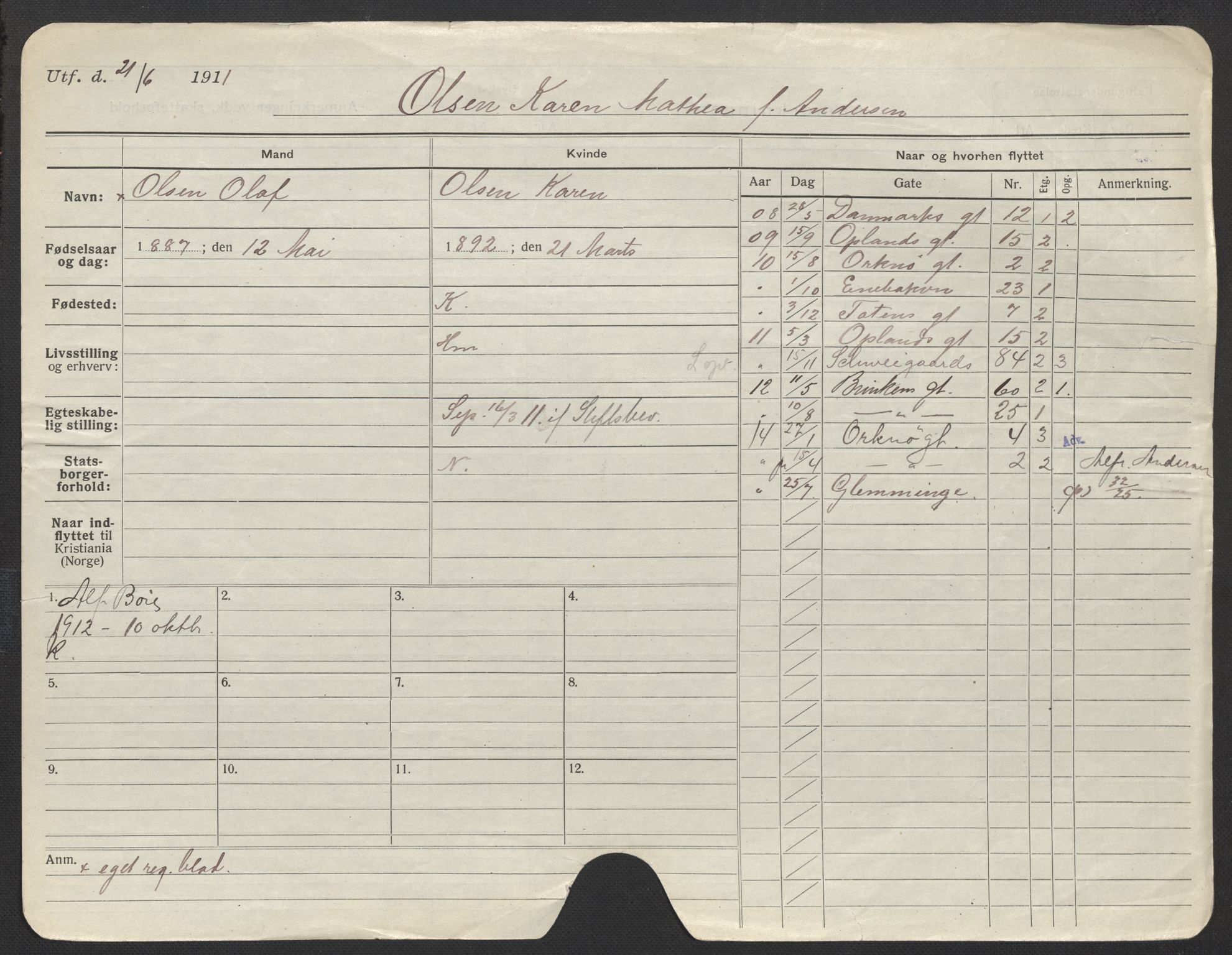 Oslo folkeregister, Registerkort, AV/SAO-A-11715/F/Fa/Fac/L0022: Kvinner, 1906-1914, p. 20a