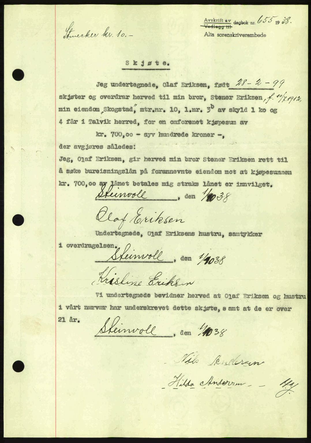 Alta fogderi/sorenskriveri, SATØ/SATØ-5/1/K/Kd/L0031pantebok: Mortgage book no. 31, 1938-1939, Diary no: : 655/1938