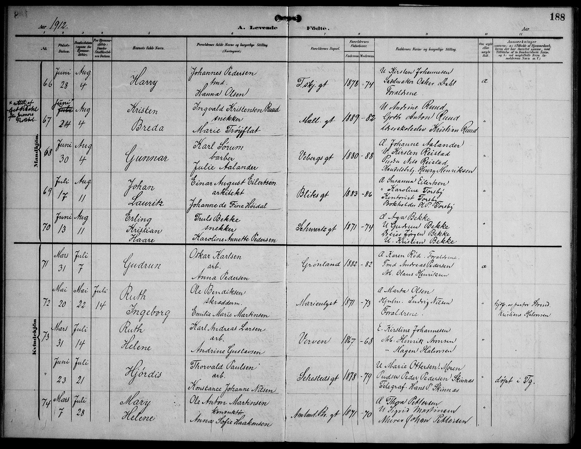 Strømsø kirkebøker, AV/SAKO-A-246/F/Fa/L0026: Parish register (official) no. I 26, 1905-1914, p. 188