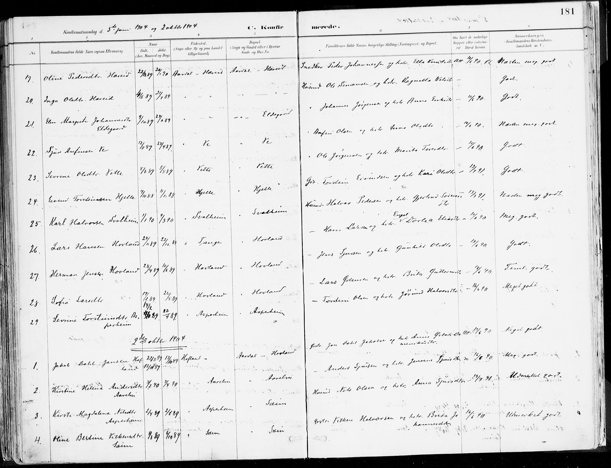 Årdal sokneprestembete, SAB/A-81701: Parish register (official) no. A 5, 1887-1917, p. 181