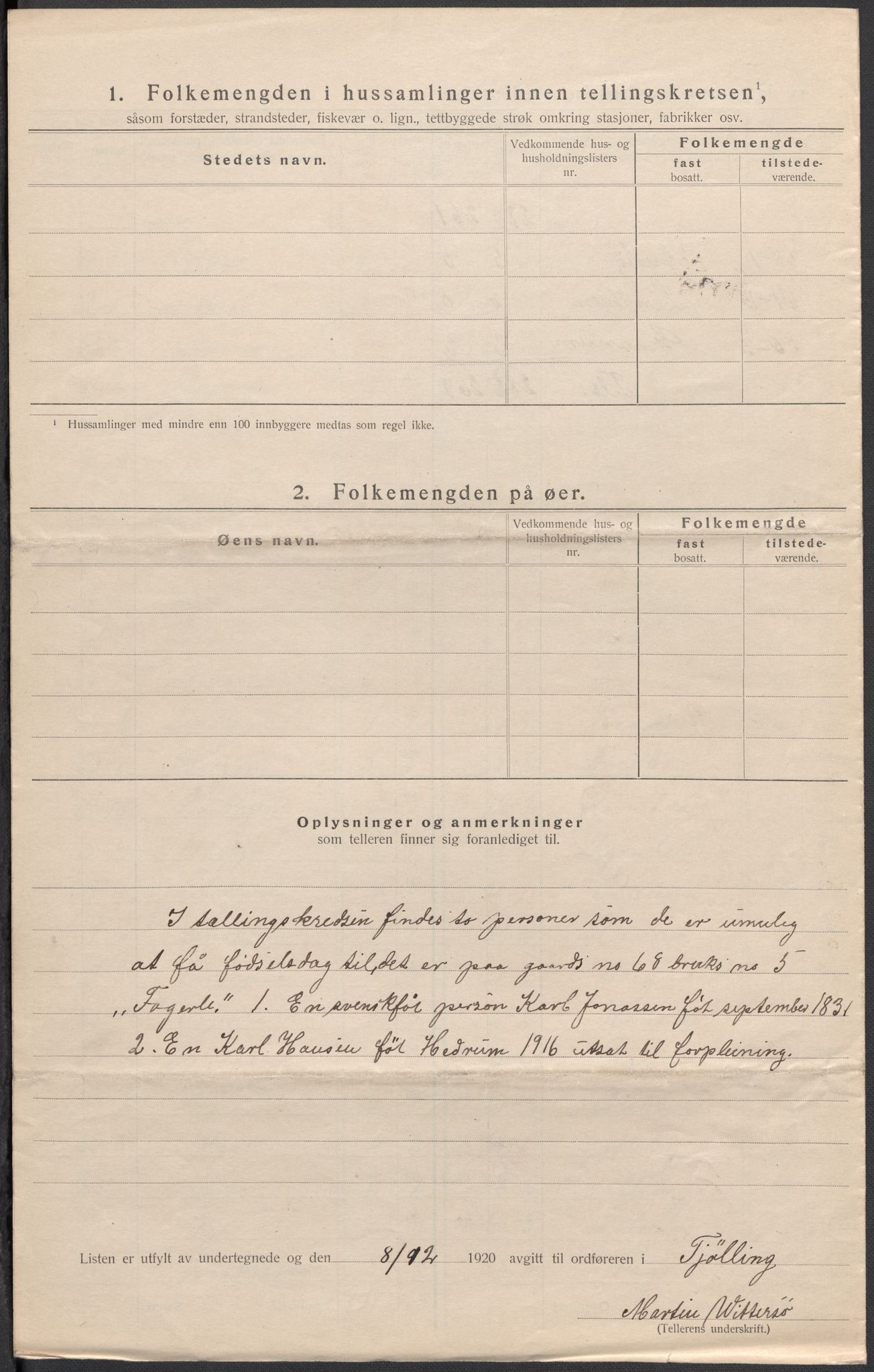 SAKO, 1920 census for Tjølling, 1920, p. 23