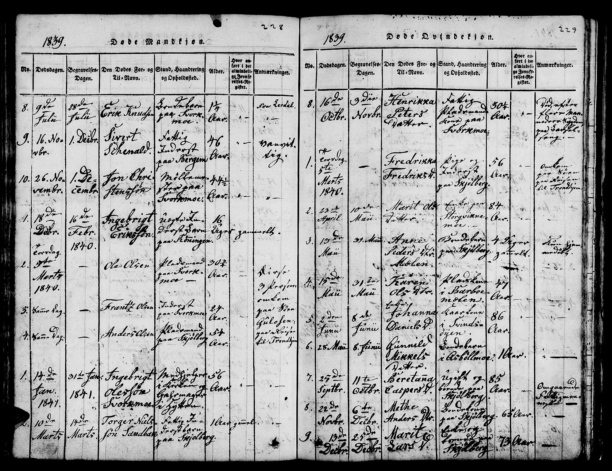 Ministerialprotokoller, klokkerbøker og fødselsregistre - Sør-Trøndelag, AV/SAT-A-1456/671/L0842: Parish register (copy) no. 671C01, 1816-1867, p. 228-229