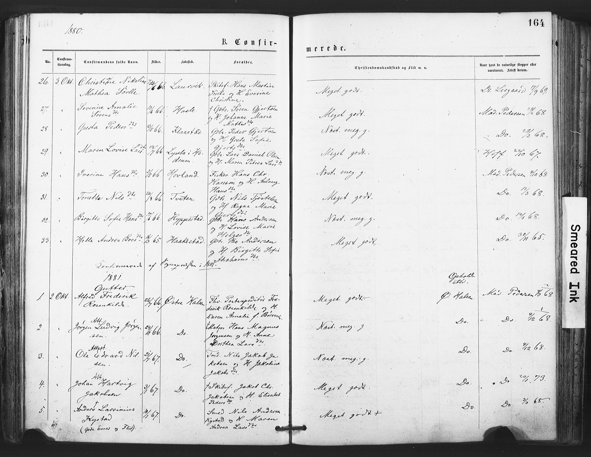 Tjølling kirkebøker, SAKO/A-60/F/Fa/L0008: Parish register (official) no. 8, 1877-1886, p. 164