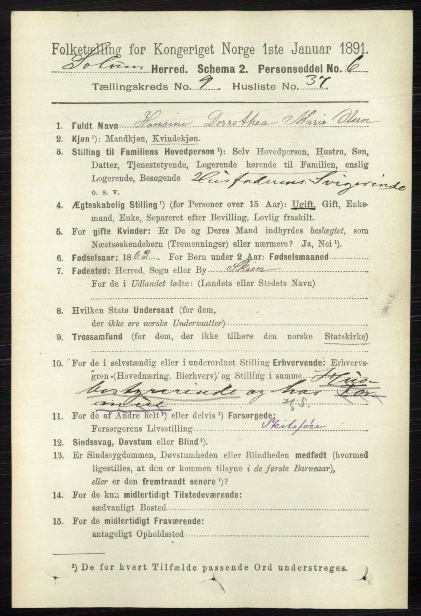 RA, 1891 census for 0818 Solum, 1891, p. 2168