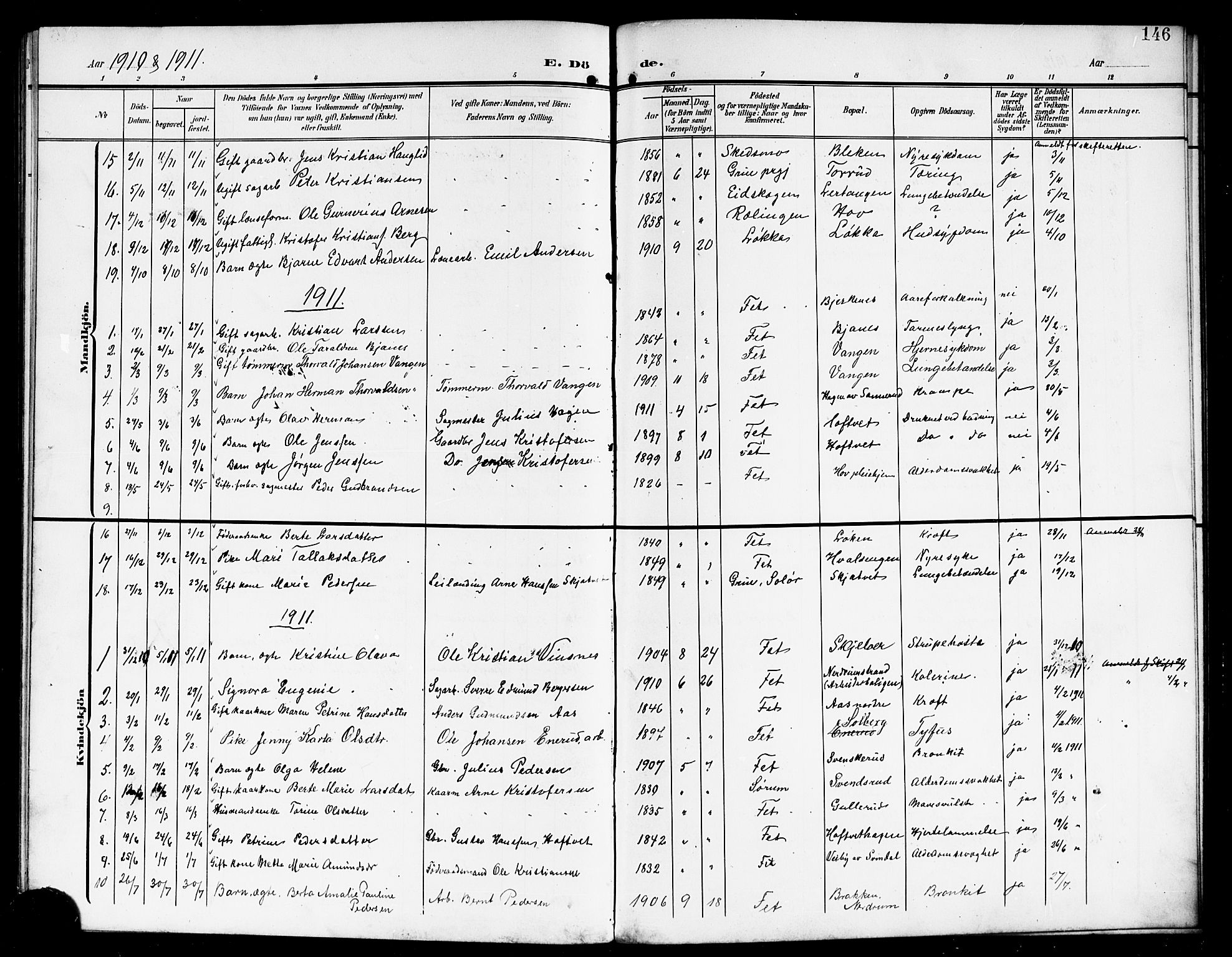 Fet prestekontor Kirkebøker, AV/SAO-A-10370a/G/Ga/L0008: Parish register (copy) no. I 8, 1907-1920, p. 146