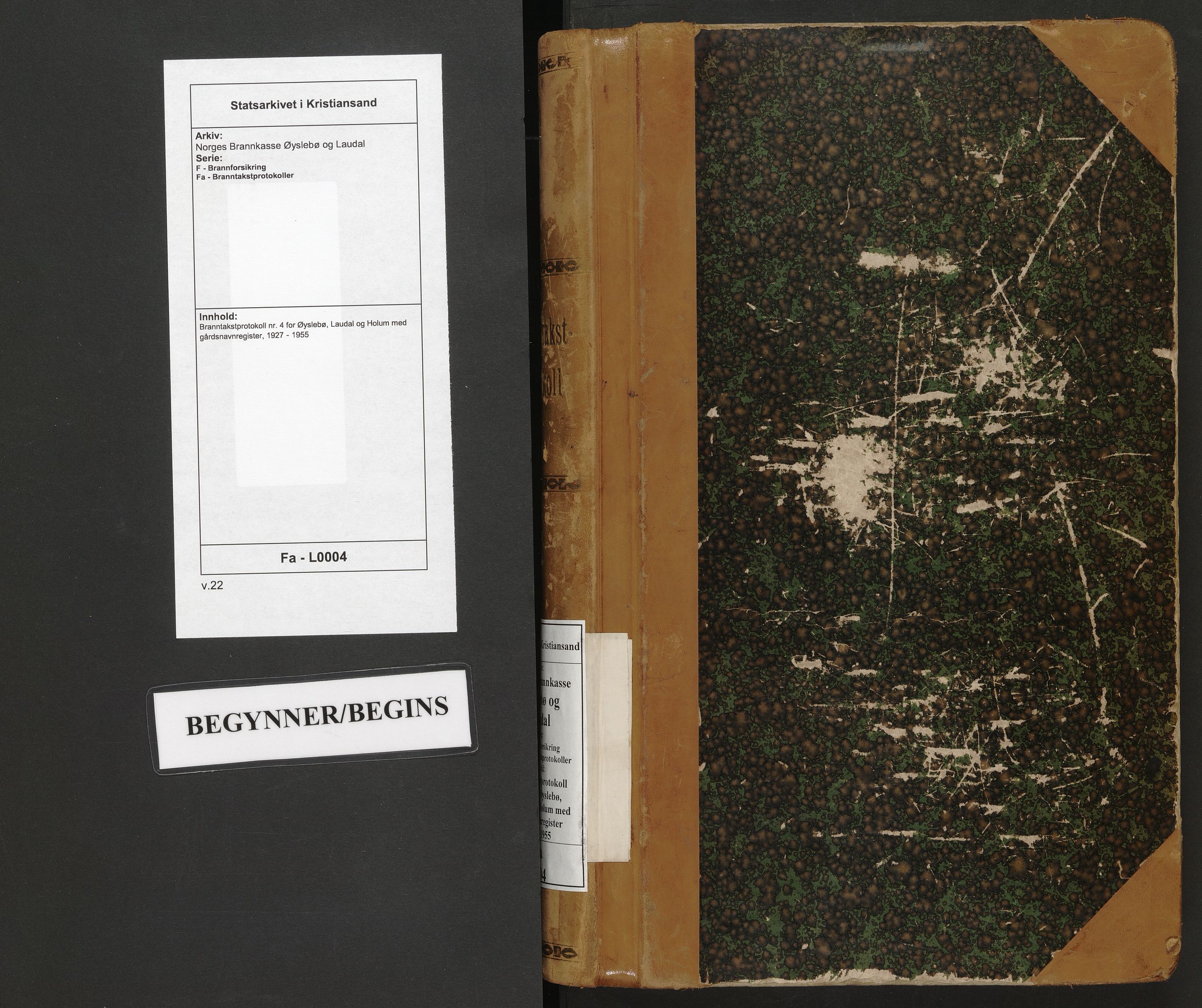 Norges Brannkasse Øyslebø og Laudal, AV/SAK-2241-0060/F/Fa/L0004: Branntakstprotokoll nr. 4 for Øyslebø, Laudal og Holum med gårdsnavnregister, 1927-1955