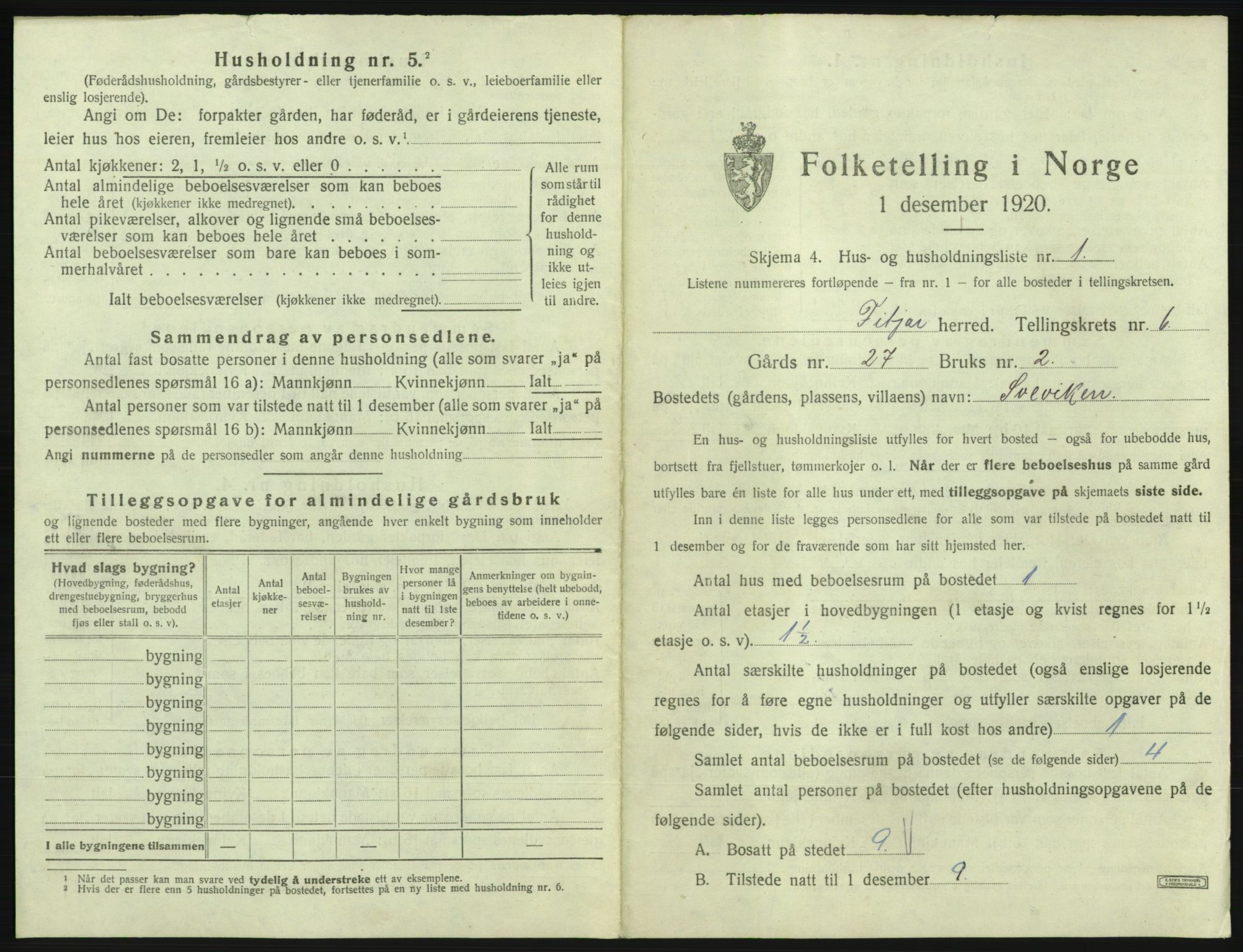 SAB, 1920 census for Fitjar, 1920, p. 355