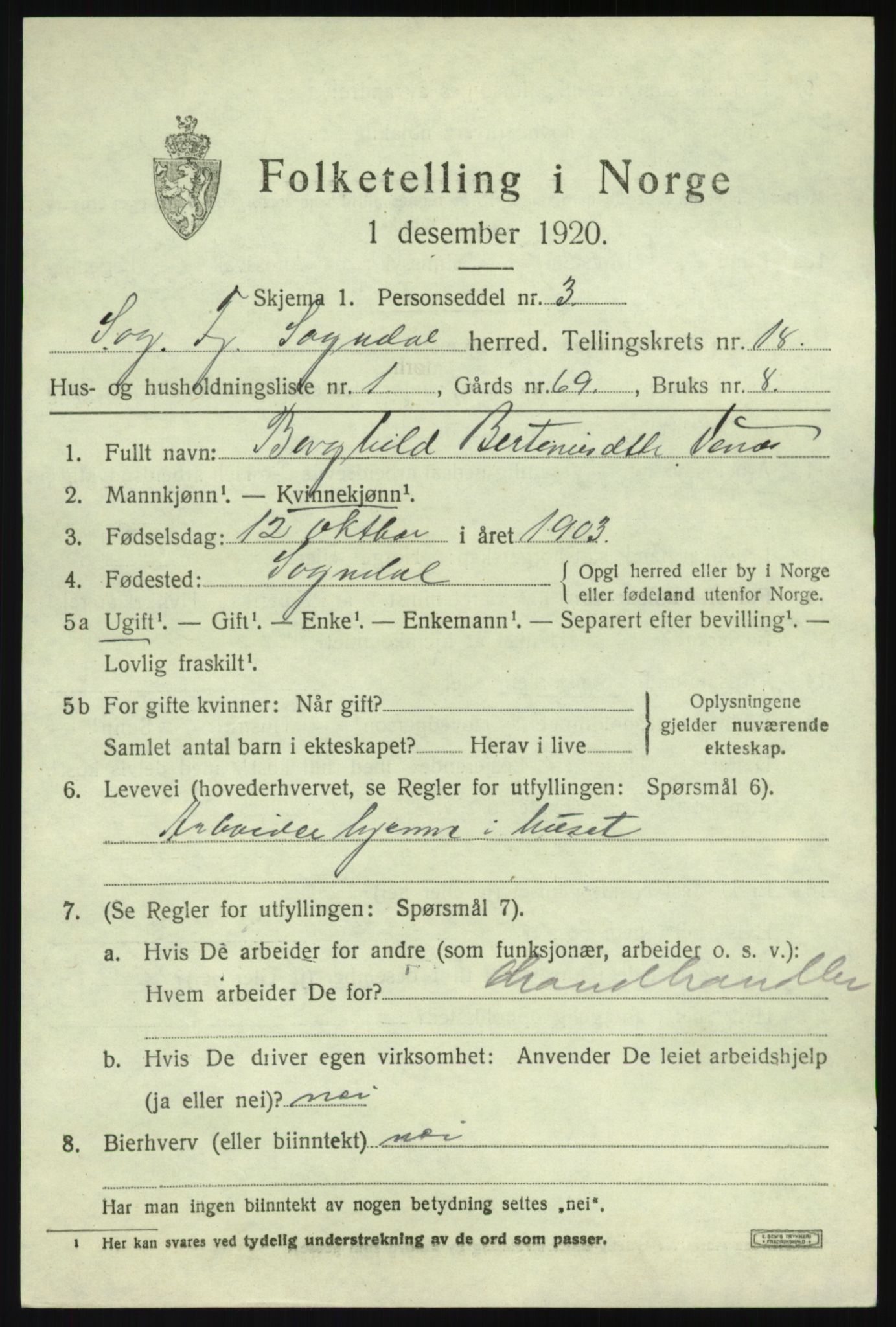 SAB, 1920 census for Sogndal, 1920, p. 6609