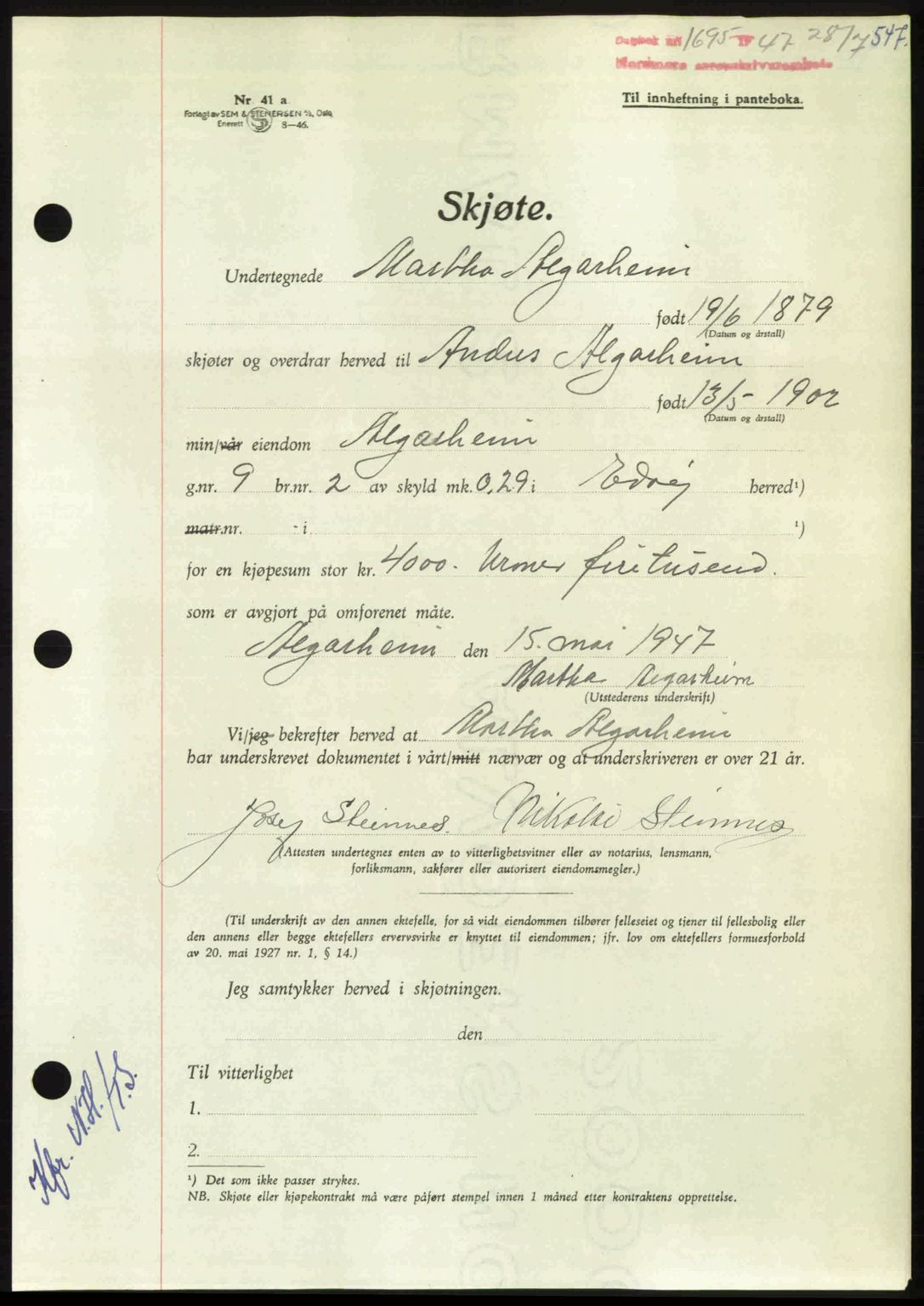 Nordmøre sorenskriveri, AV/SAT-A-4132/1/2/2Ca: Mortgage book no. A105, 1947-1947, Diary no: : 1695/1947