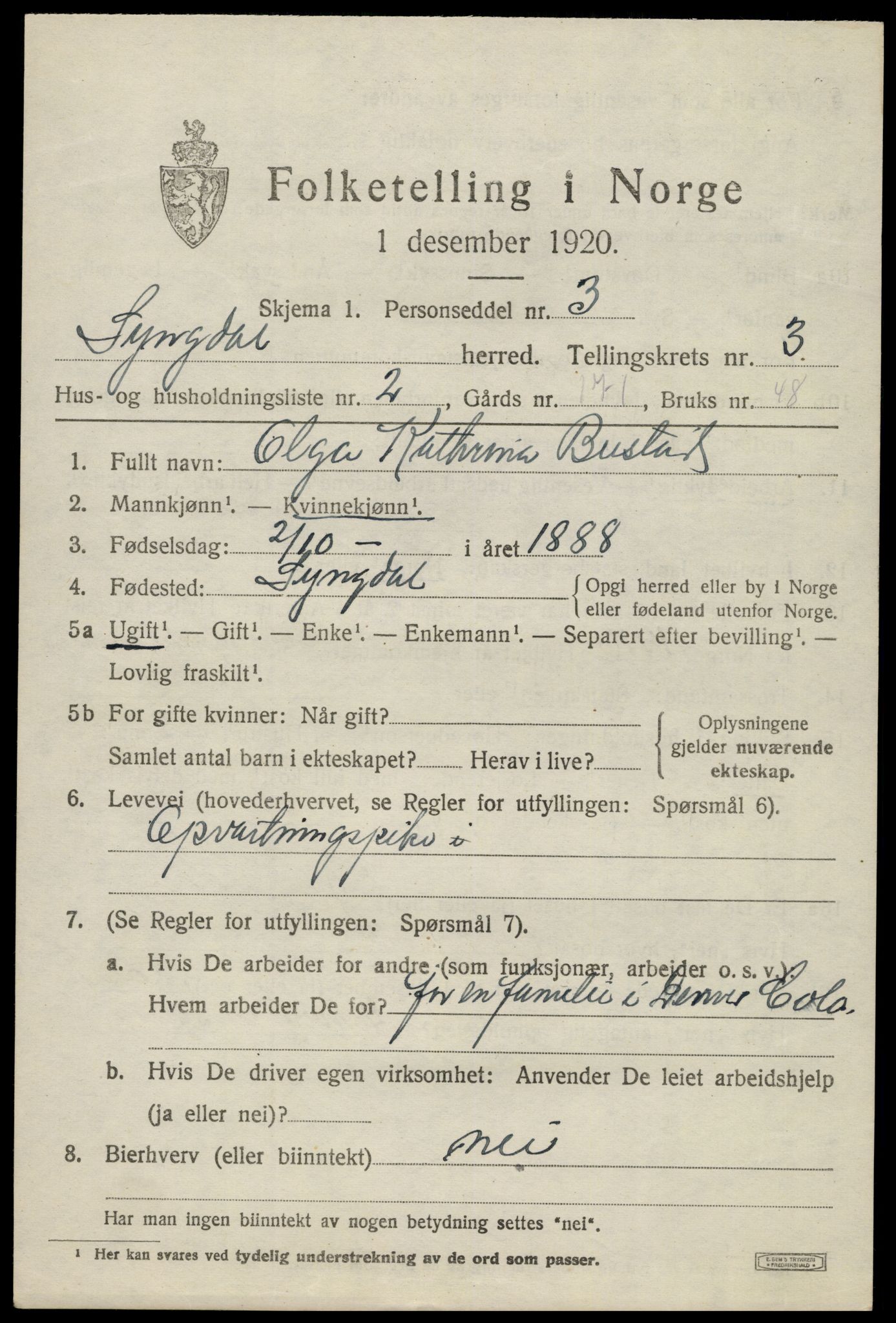 SAK, 1920 census for Lyngdal, 1920, p. 1923