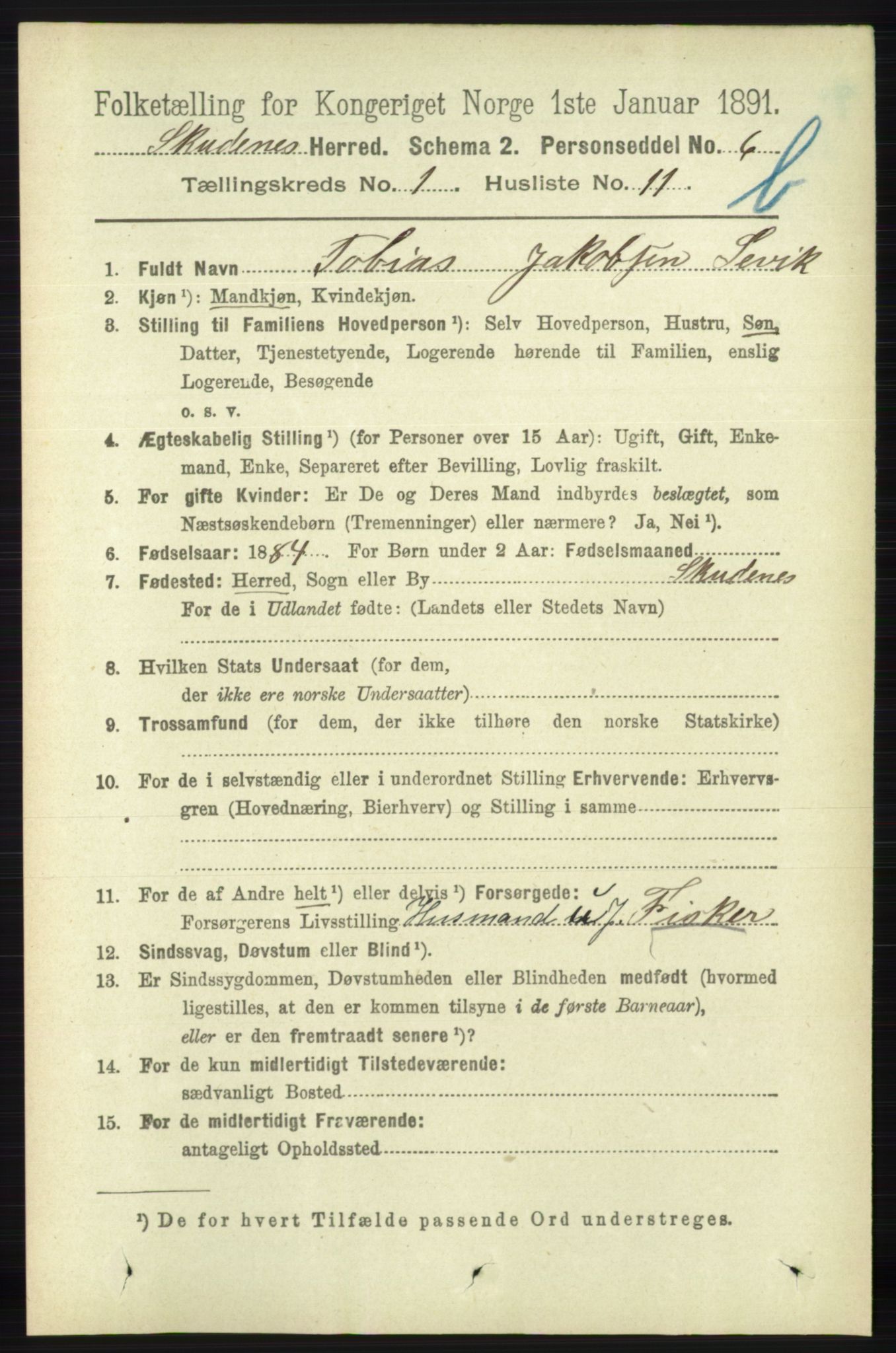 RA, 1891 census for 1150 Skudenes, 1891, p. 3461