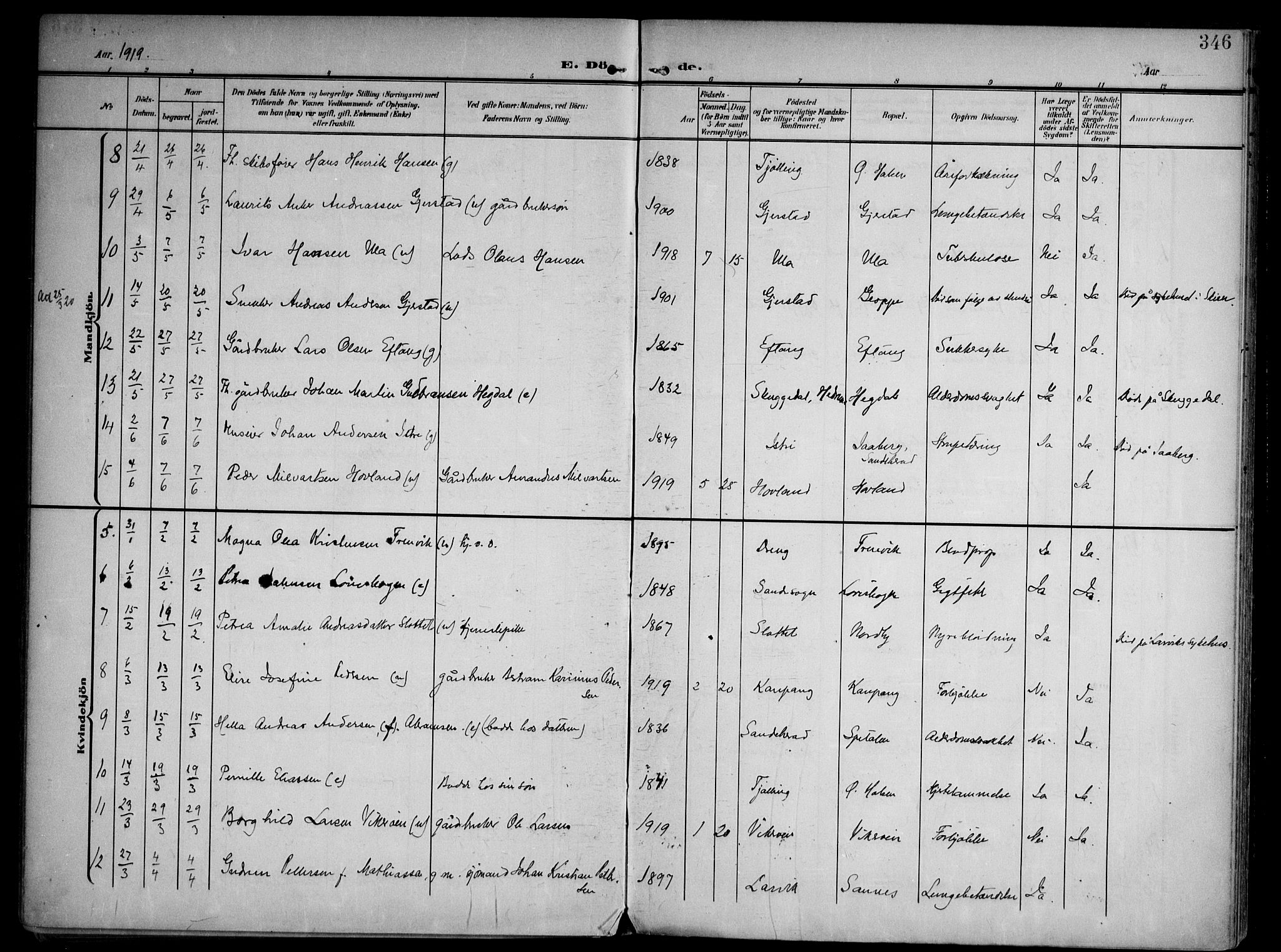 Tjølling kirkebøker, AV/SAKO-A-60/F/Fa/L0010: Parish register (official) no. 10, 1906-1923, p. 346