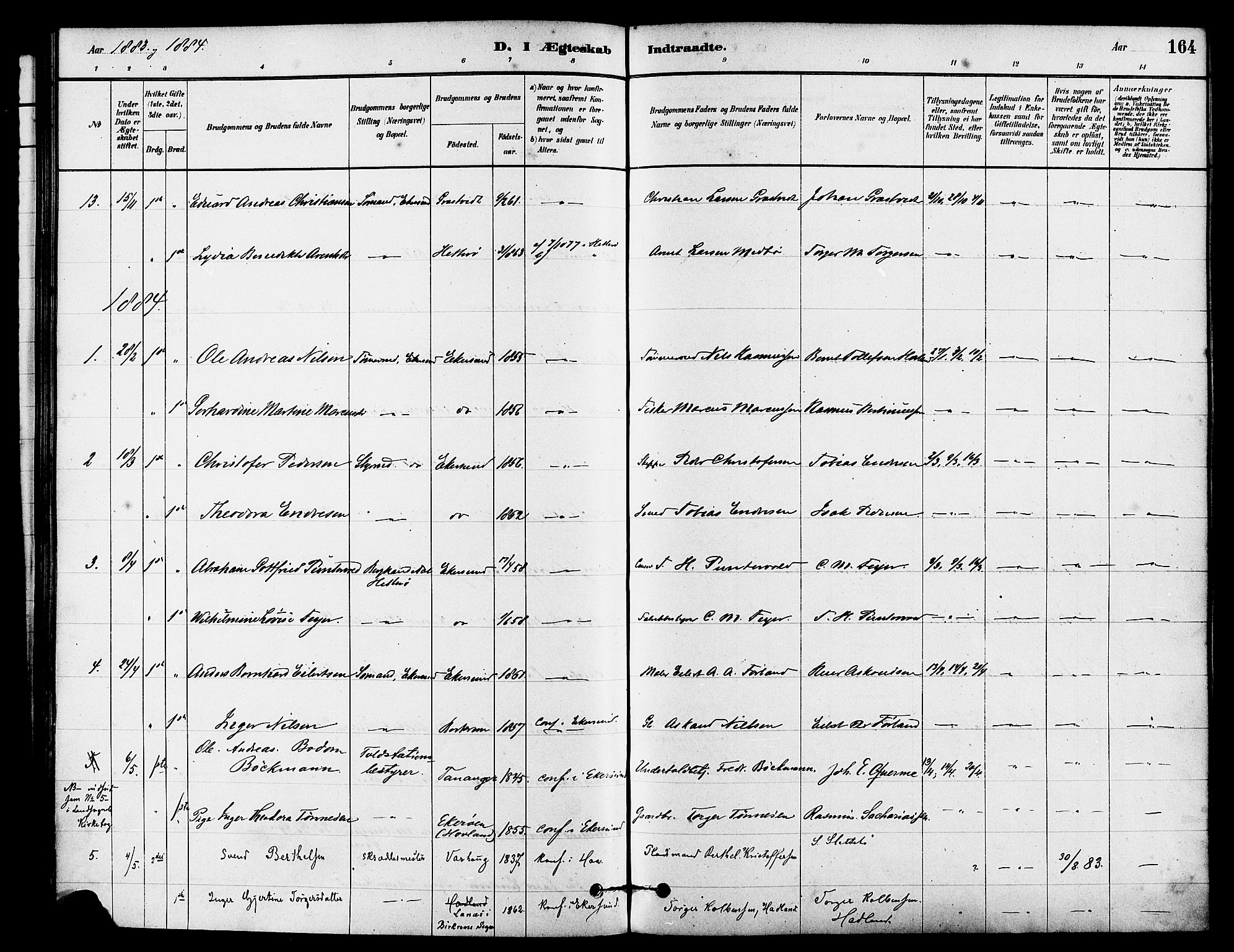 Eigersund sokneprestkontor, SAST/A-101807/S08/L0015: Parish register (official) no. A 15, 1879-1892, p. 164
