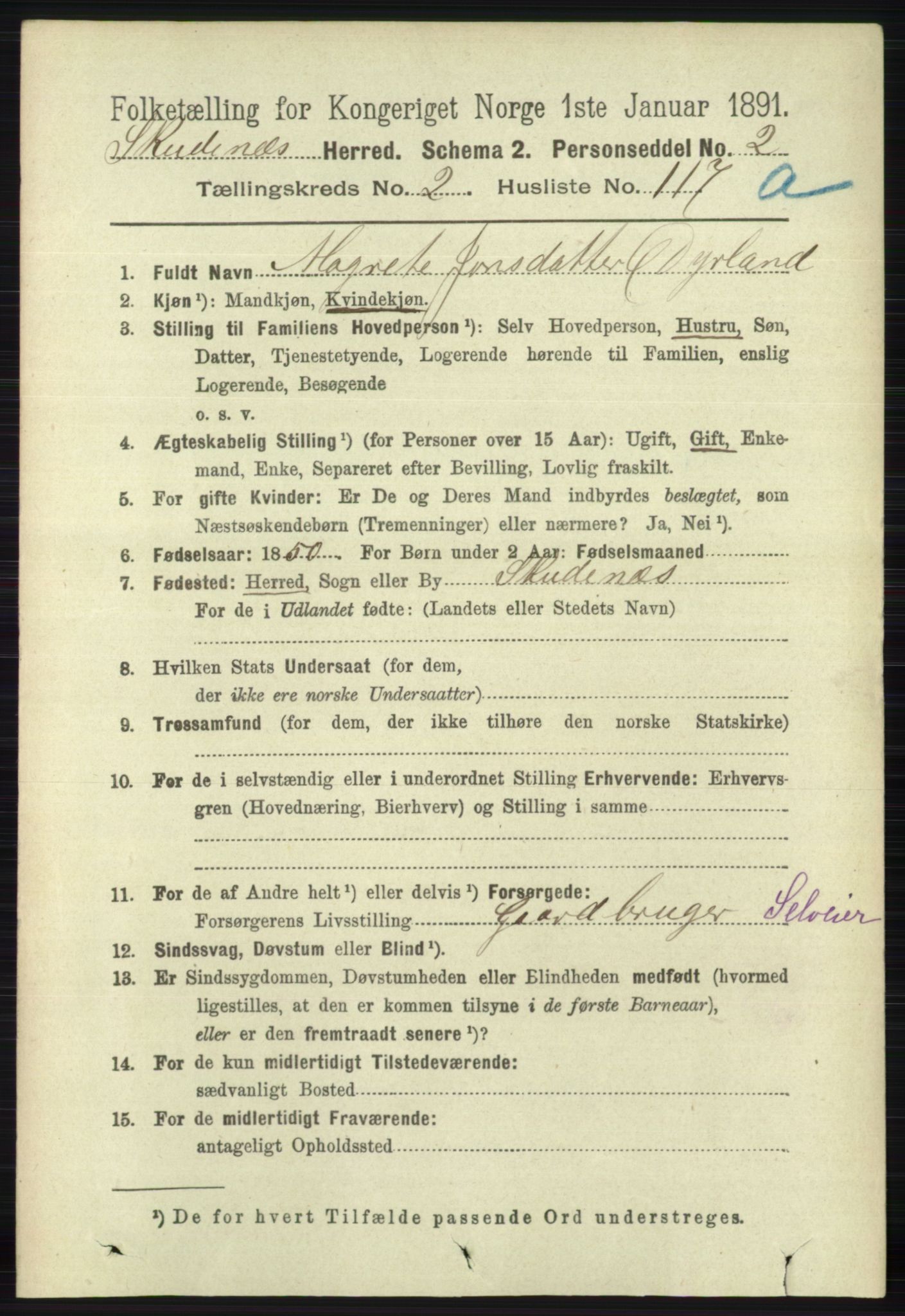 RA, 1891 census for 1150 Skudenes, 1891, p. 1323