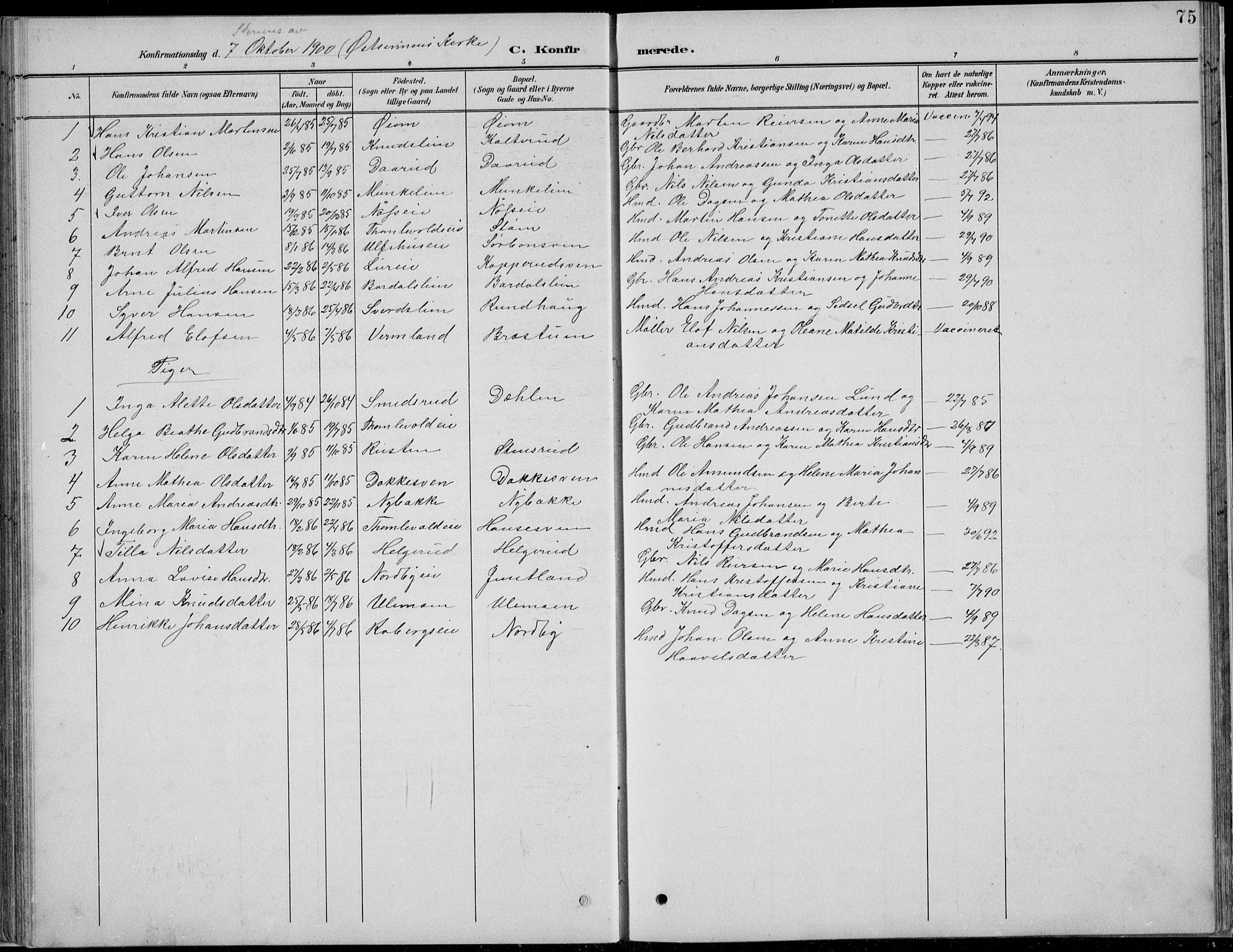 Nordre Land prestekontor, SAH/PREST-124/H/Ha/Hab/L0013: Parish register (copy) no. 13, 1891-1904, p. 75