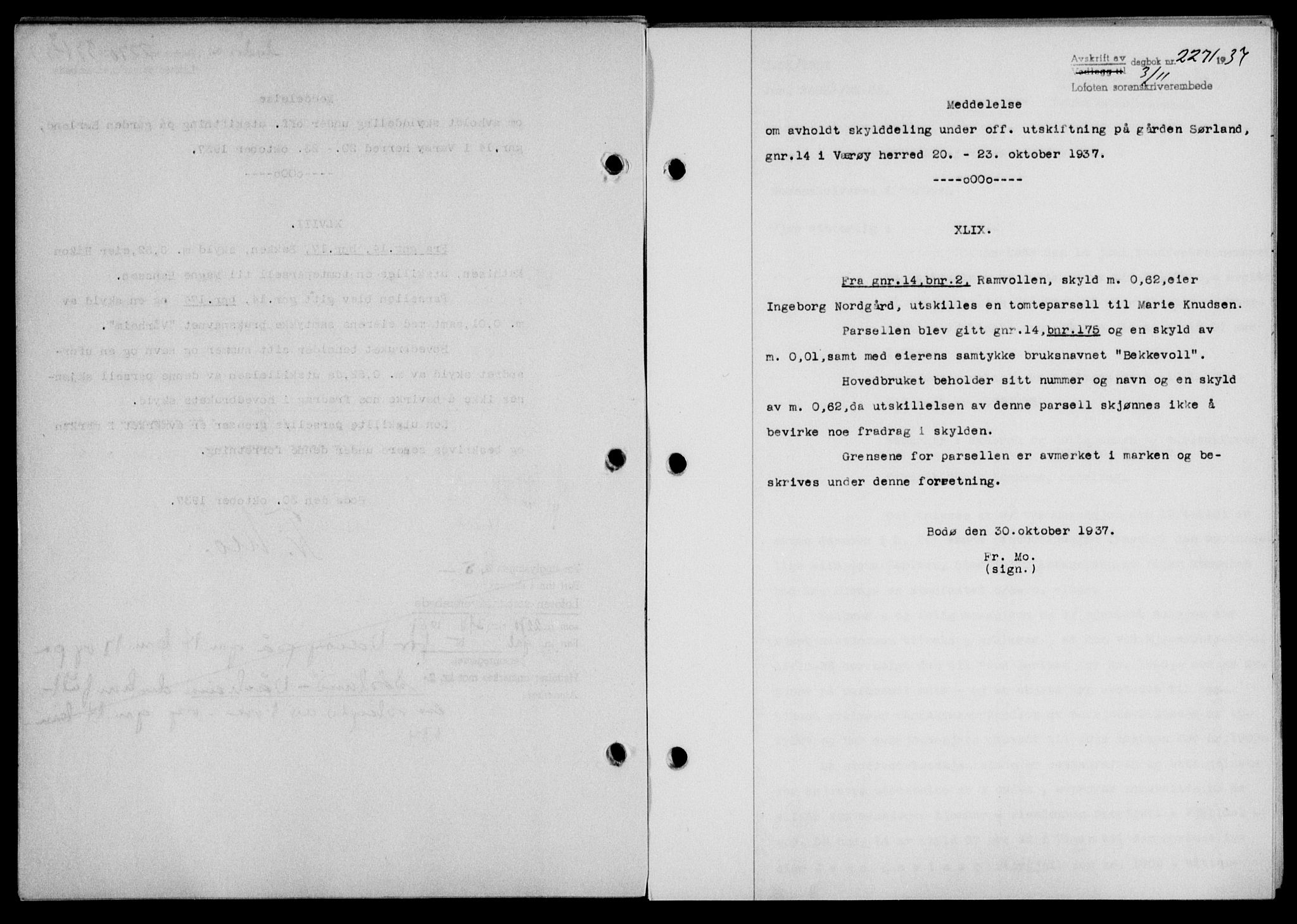Lofoten sorenskriveri, SAT/A-0017/1/2/2C/L0003a: Mortgage book no. 3a, 1937-1938, Diary no: : 2271/1937