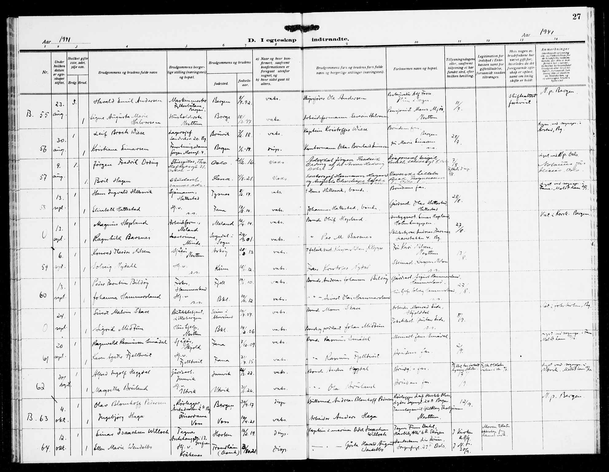 Fana Sokneprestembete, AV/SAB-A-75101/H/Haa/Haak/L0003: Parish register (official) no. K 3, 1938-1944, p. 27