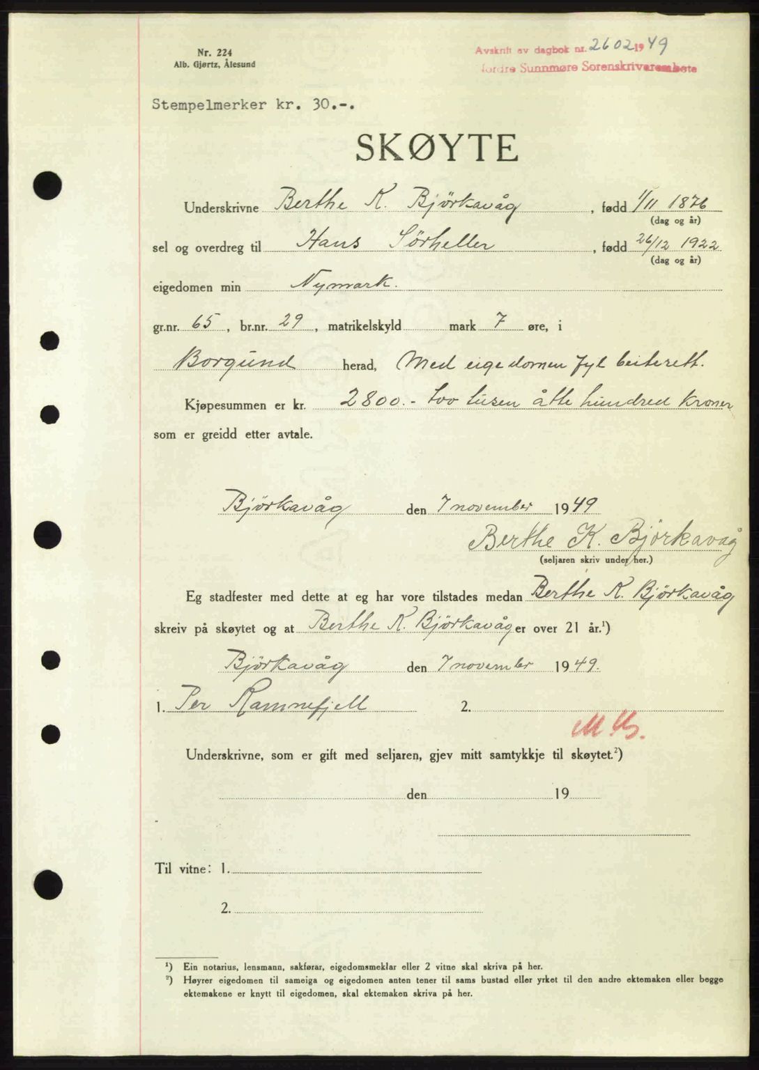 Nordre Sunnmøre sorenskriveri, AV/SAT-A-0006/1/2/2C/2Ca: Mortgage book no. A32, 1949-1949, Diary no: : 2602/1949