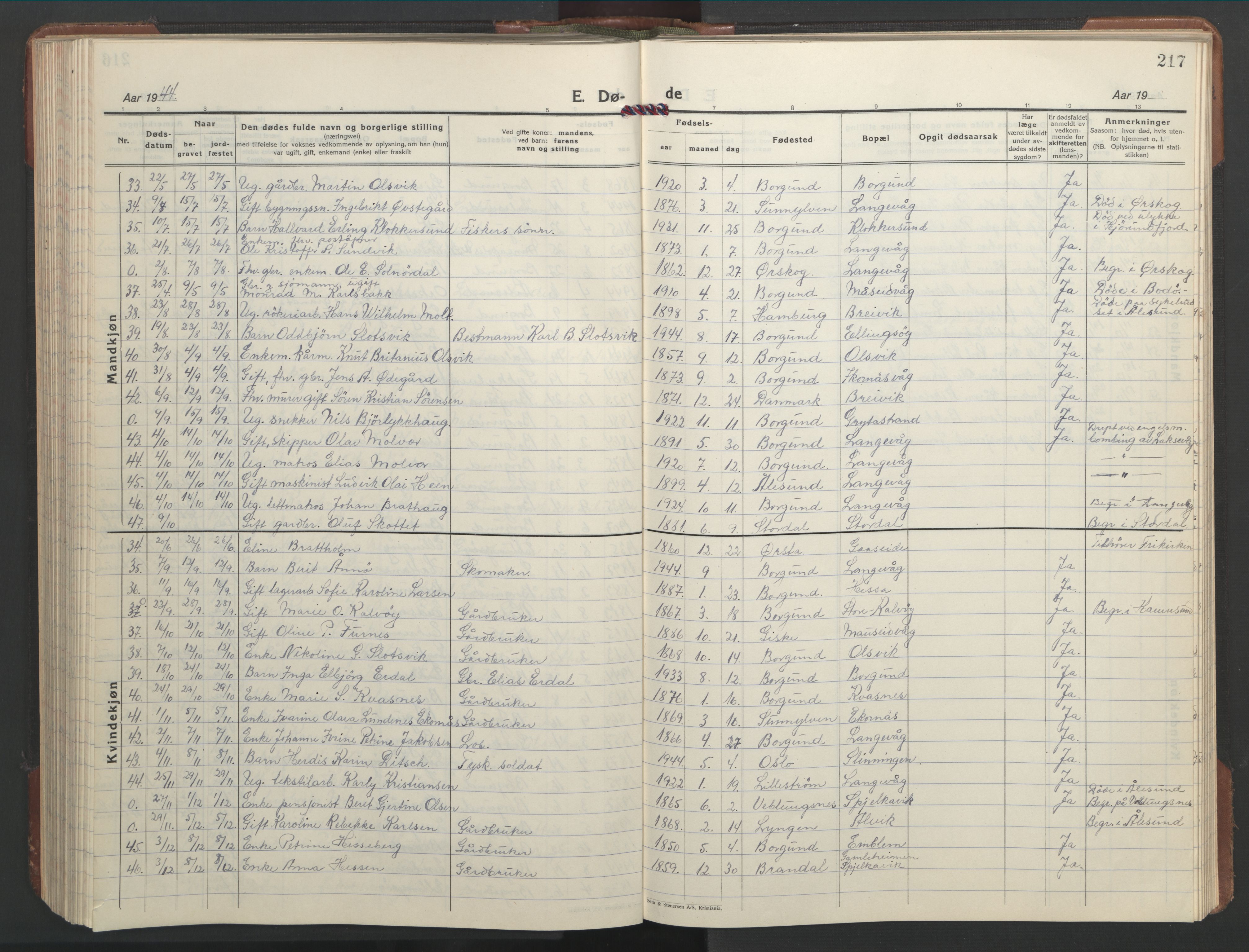 Ministerialprotokoller, klokkerbøker og fødselsregistre - Møre og Romsdal, AV/SAT-A-1454/528/L0435: Parish register (copy) no. 528C16, 1923-1957, p. 217