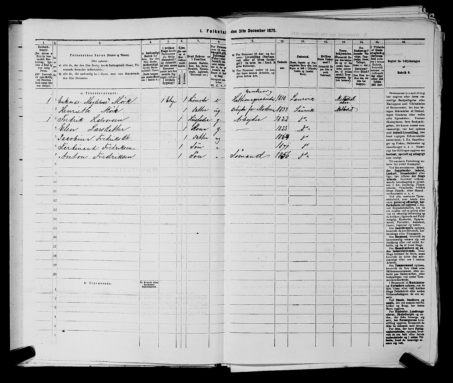 SAKO, 1875 census for 0707P Larvik, 1875, p. 582