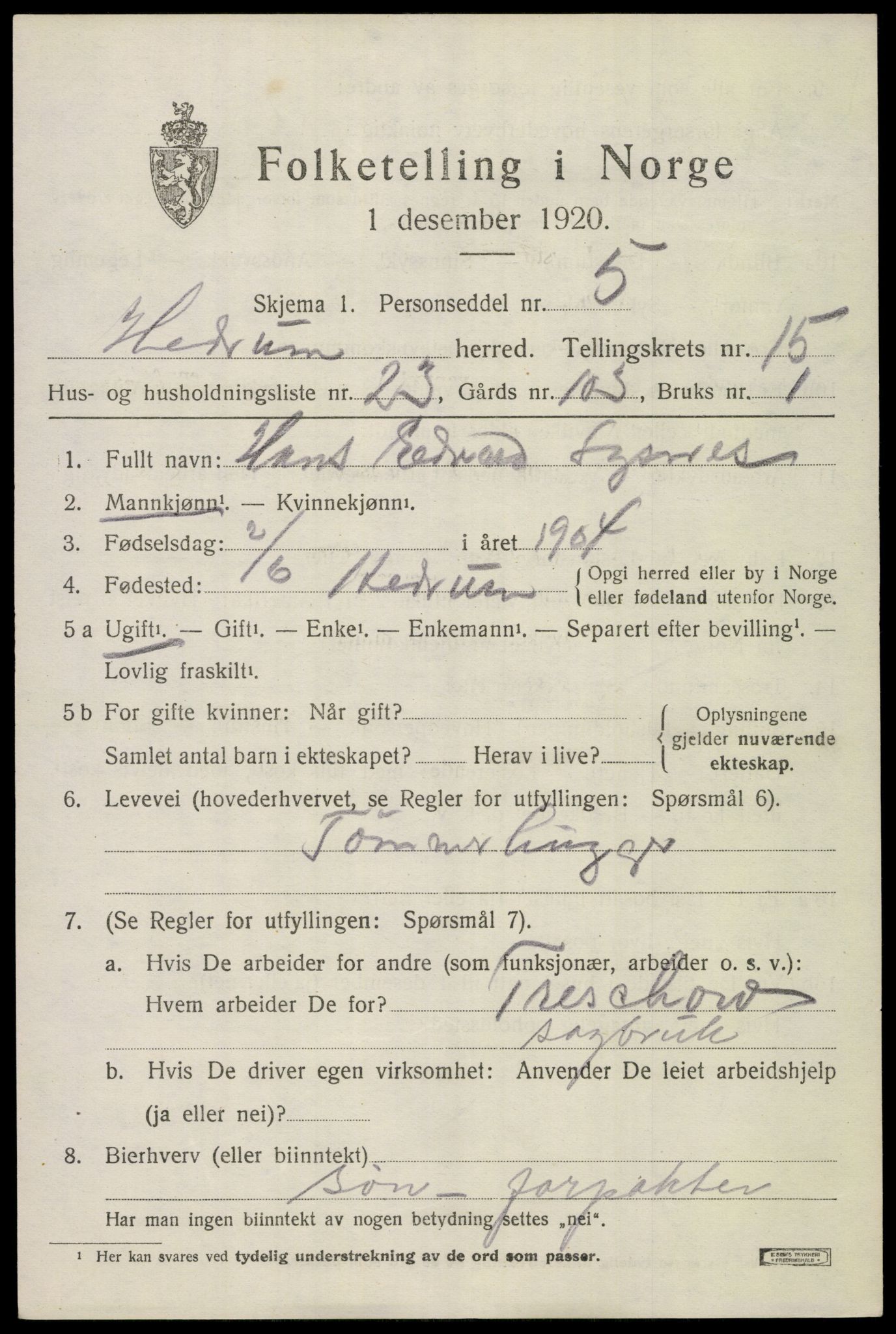 SAKO, 1920 census for Hedrum, 1920, p. 10207