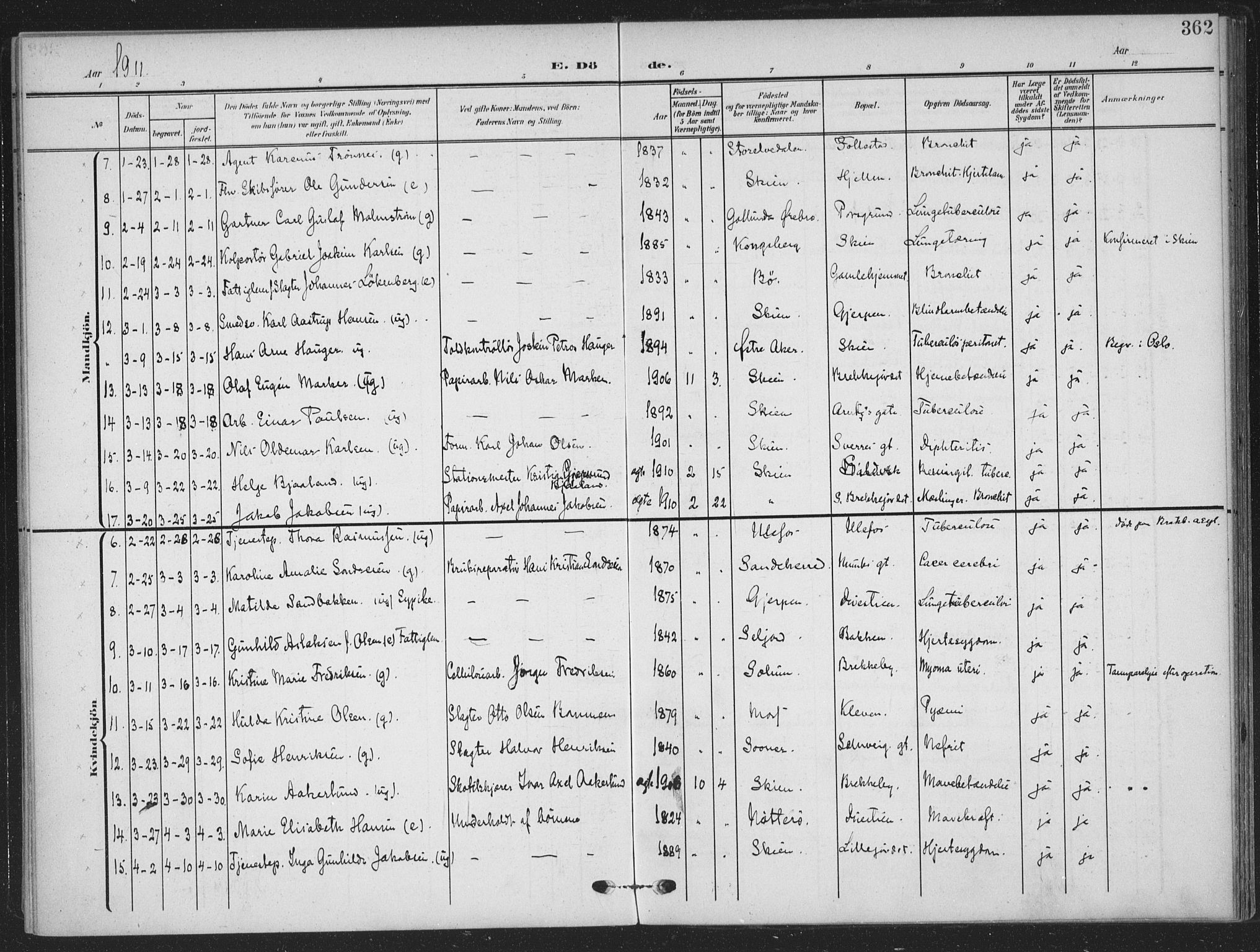 Skien kirkebøker, AV/SAKO-A-302/F/Fa/L0012: Parish register (official) no. 12, 1908-1914, p. 362