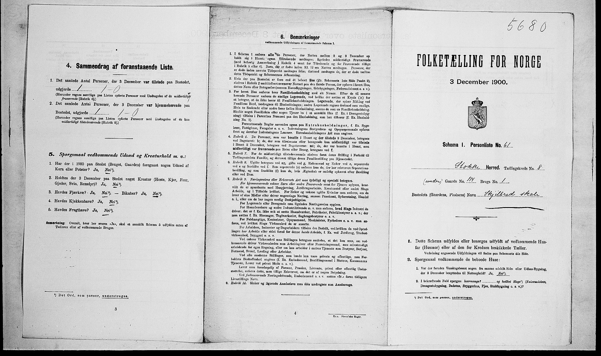 RA, 1900 census for Stokke, 1900, p. 1516
