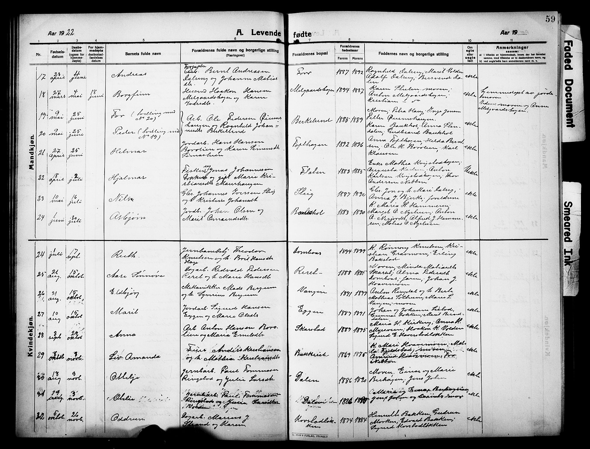 Sør-Fron prestekontor, AV/SAH-PREST-010/H/Ha/Hab/L0005: Parish register (copy) no. 5, 1912-1930, p. 59