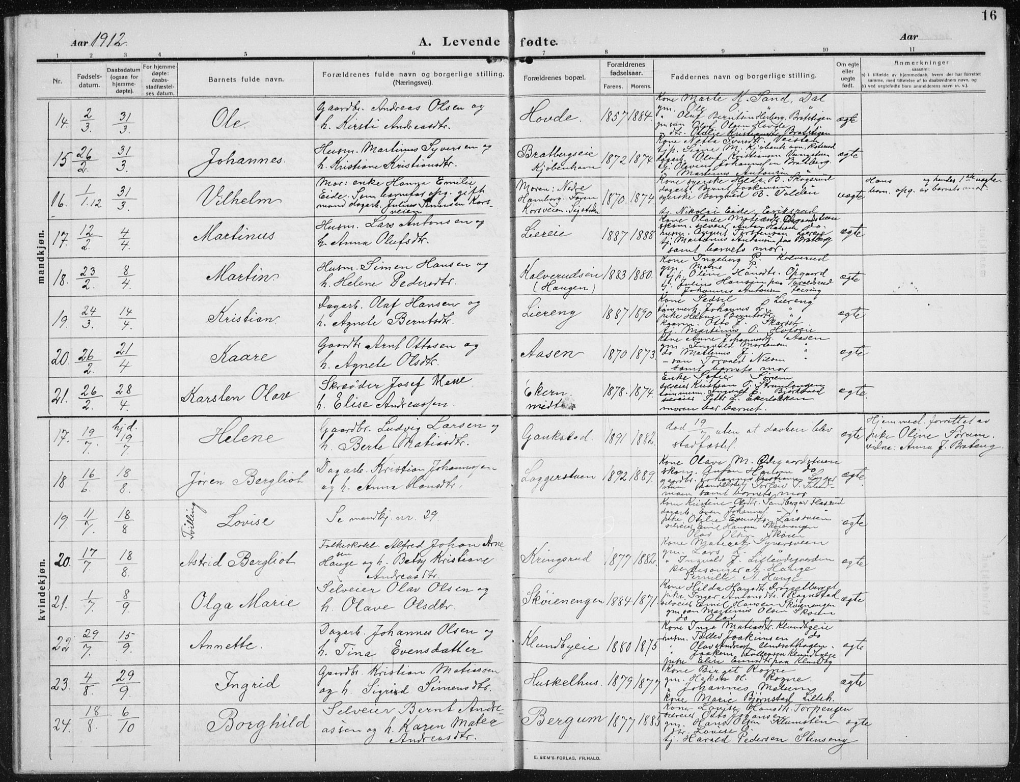 Biri prestekontor, AV/SAH-PREST-096/H/Ha/Hab/L0006: Parish register (copy) no. 6, 1909-1938, p. 16