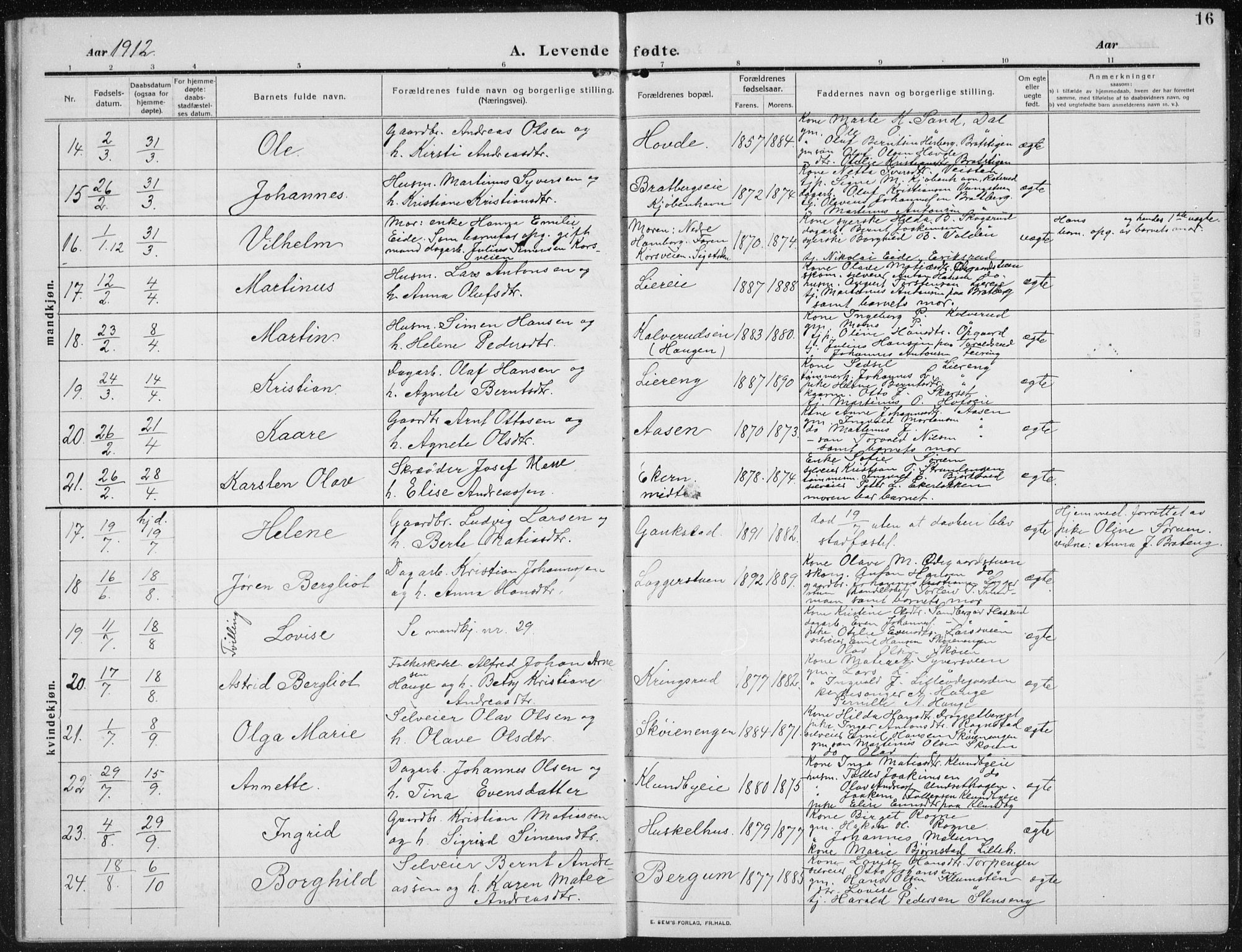 Biri prestekontor, SAH/PREST-096/H/Ha/Hab/L0006: Parish register (copy) no. 6, 1909-1938, p. 16