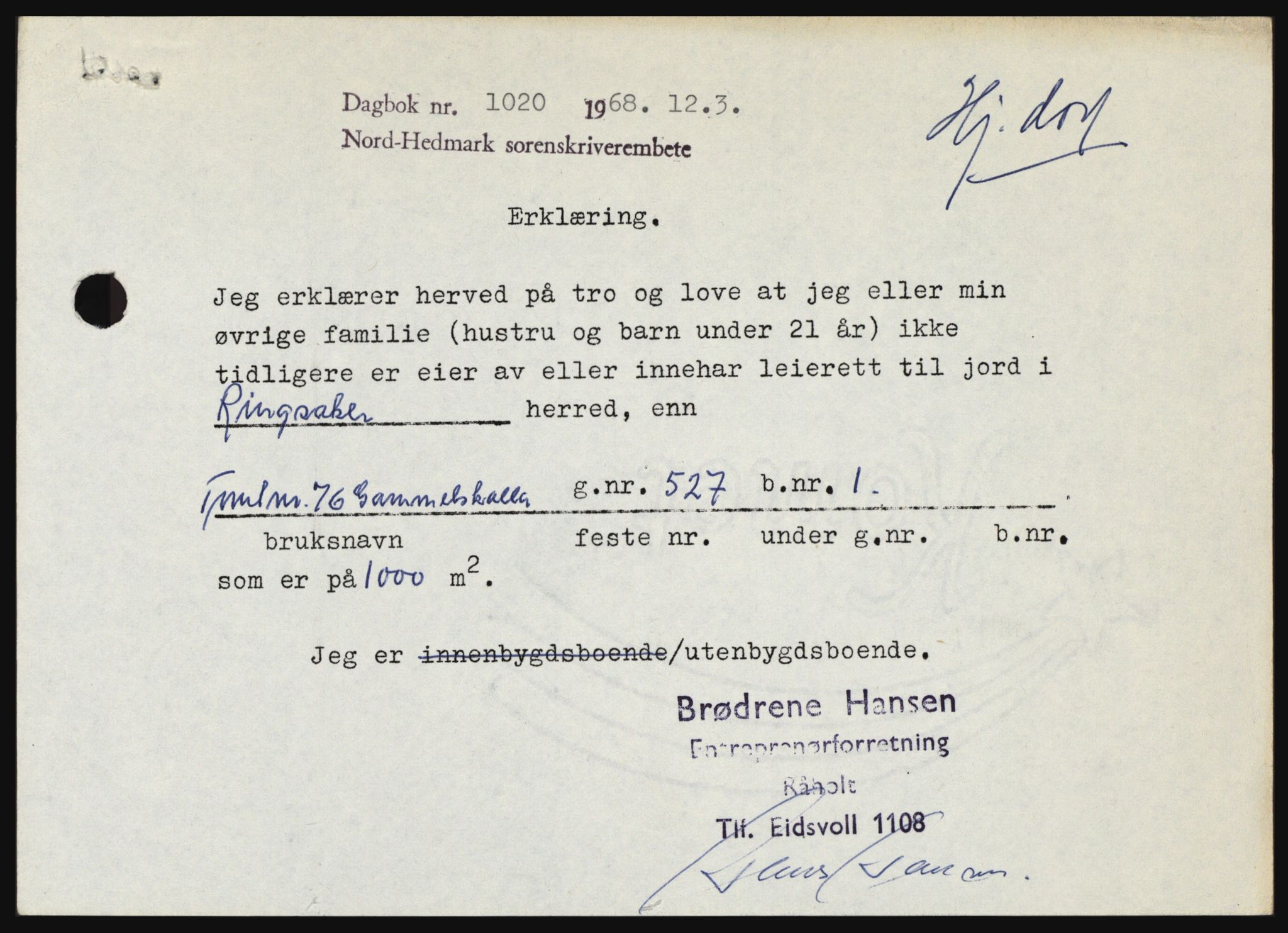Nord-Hedmark sorenskriveri, SAH/TING-012/H/Hc/L0027: Mortgage book no. 27, 1967-1968, Diary no: : 1020/1968