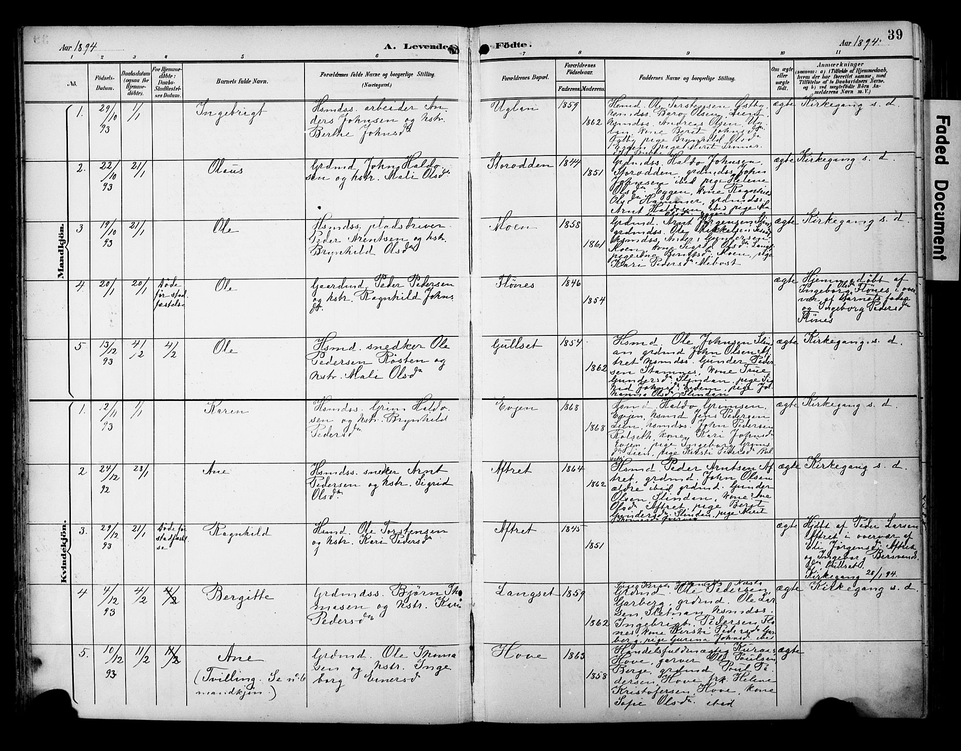 Ministerialprotokoller, klokkerbøker og fødselsregistre - Sør-Trøndelag, SAT/A-1456/695/L1149: Parish register (official) no. 695A09, 1891-1902, p. 39