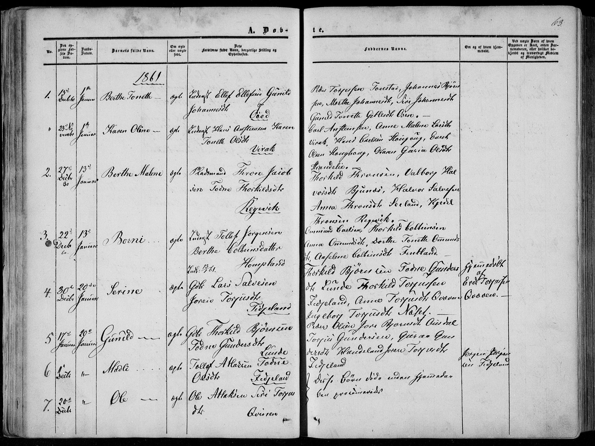 Sirdal sokneprestkontor, SAK/1111-0036/F/Fa/Fab/L0002: Parish register (official) no. A 2, 1855-1874, p. 63